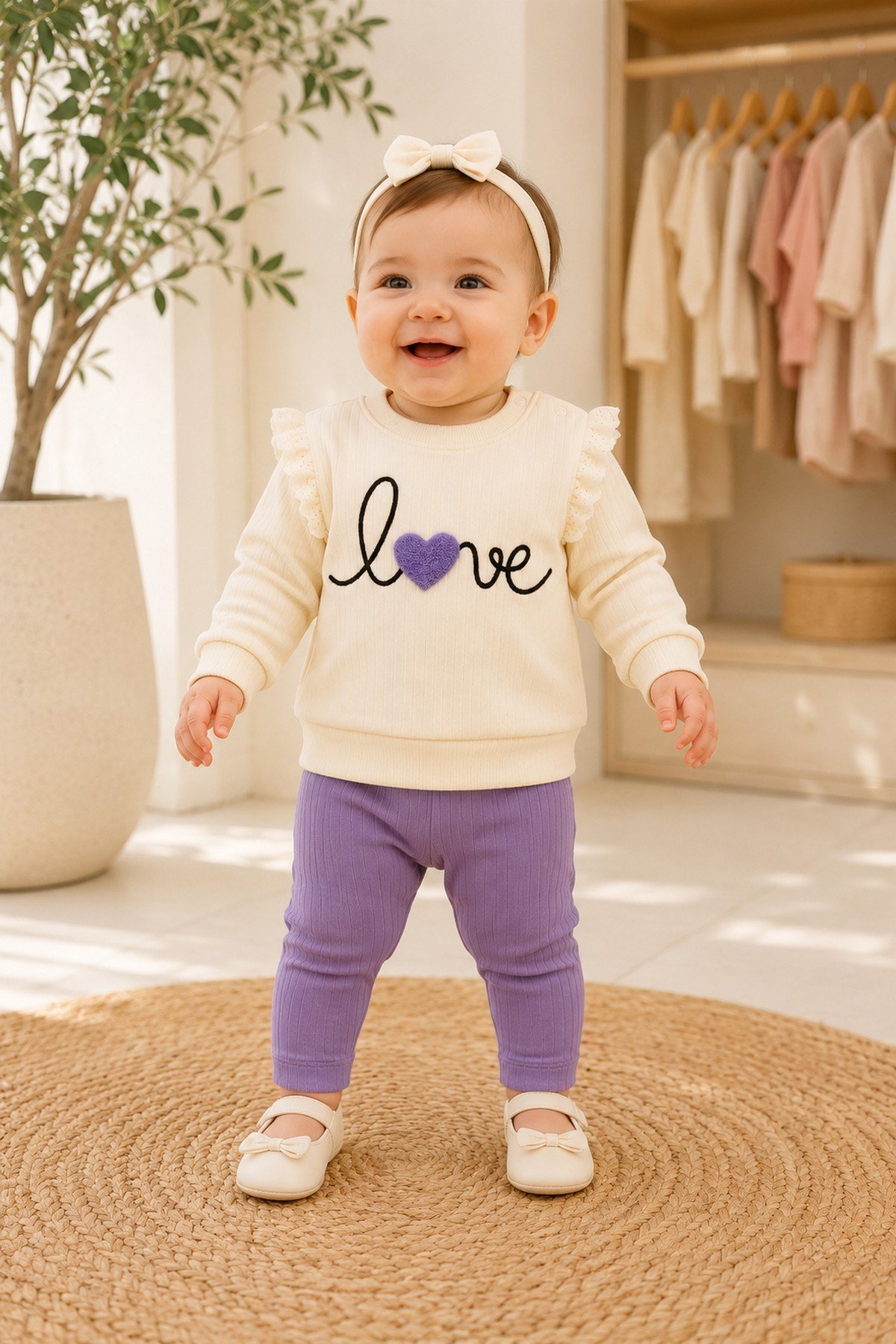 Kız Bebek/Çocuk Love Kalp Nakışlı Omuzdan Çıtçıtlı Bebek Takımı 2li Alt Üst Mevsimlik Aylık 3-6-9-12