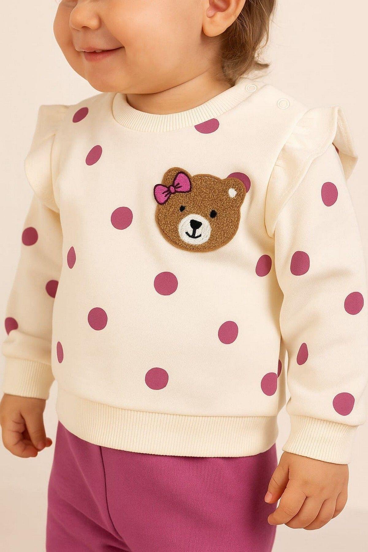 Kız Bebek/Çocuk Puantiyeli Punch Ayıcık Omuzu Çıtçıtlı Bebek Takımı 2li AltÜst Mevsimlik 3-6-9-12ay