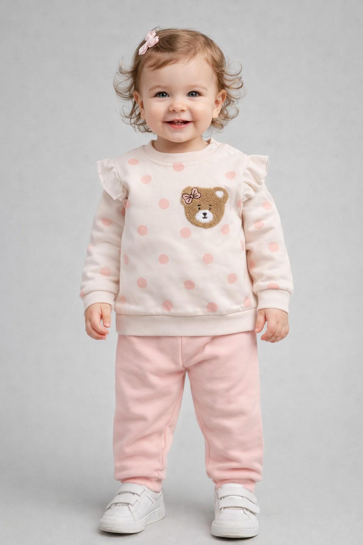 Kız Bebek/Çocuk Puantiyeli Punch Ayıcık Omuzu Çıtçıtlı Bebek Takımı 2li AltÜst Mevsimlik 3-6-9-12ay
