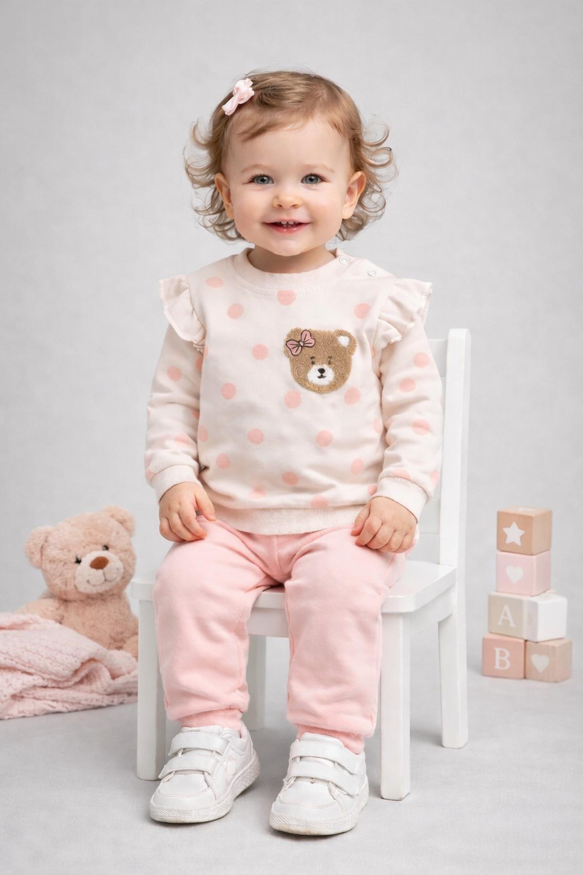Kız Bebek/Çocuk Puantiyeli Punch Ayıcık Omuzu Çıtçıtlı Bebek Takımı 2li AltÜst Mevsimlik 3-6-9-12ay