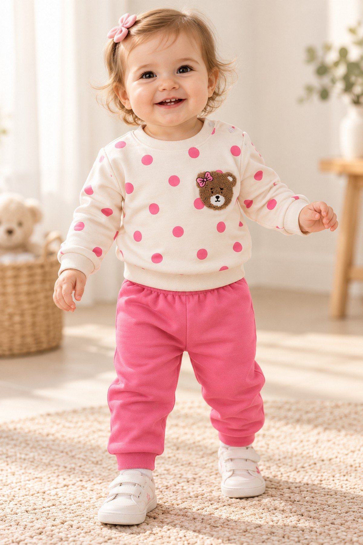 Kız Bebek/Çocuk Puantiyeli Punch Ayıcık Omuzu Çıtçıtlı Bebek Takımı 2li AltÜst Mevsimlik 3-6-9-12ay