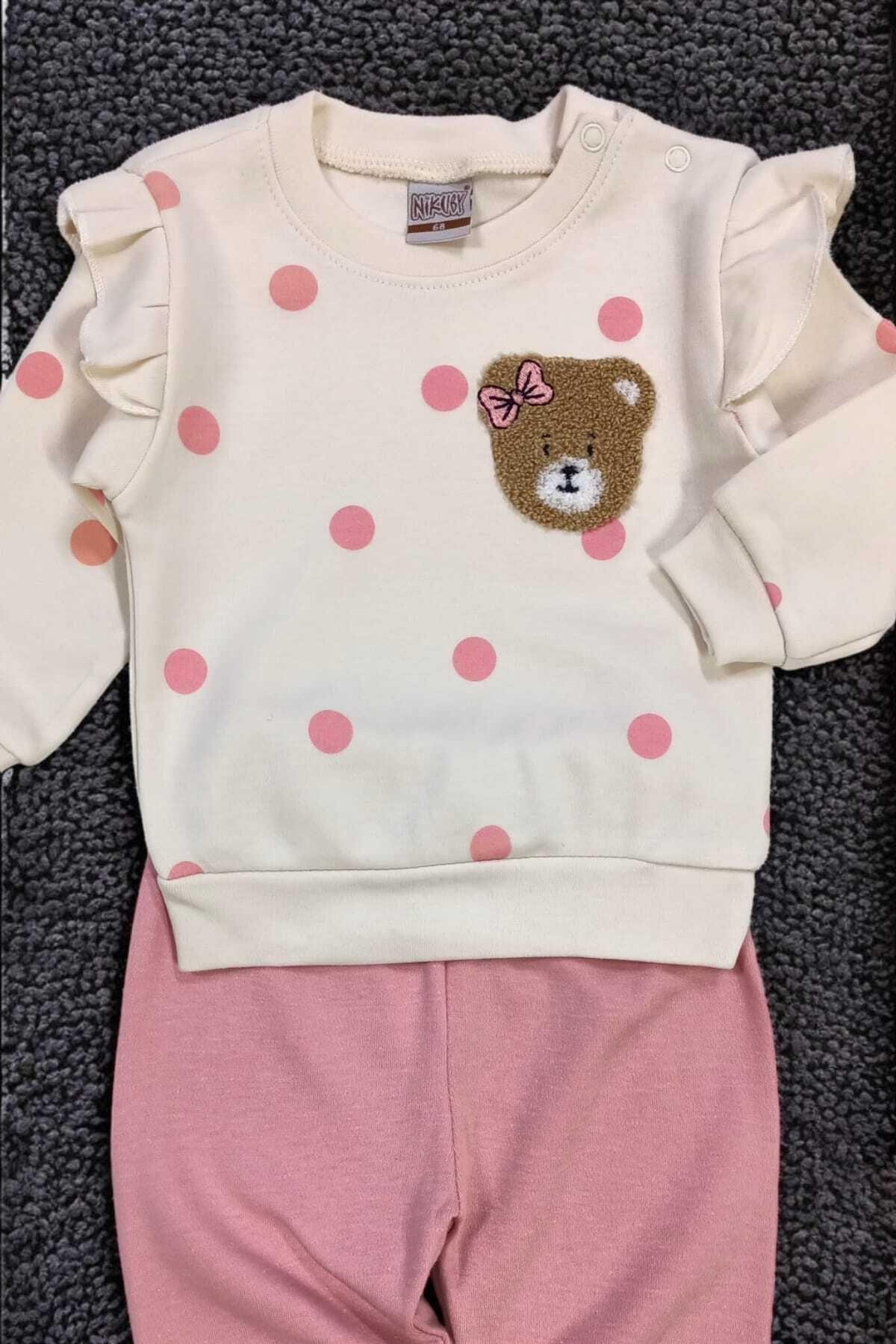 Kız Bebek/Çocuk Puantiyeli Punch Ayıcık Omuzu Çıtçıtlı Bebek Takımı 2li AltÜst Mevsimlik 3-6-9-12ay