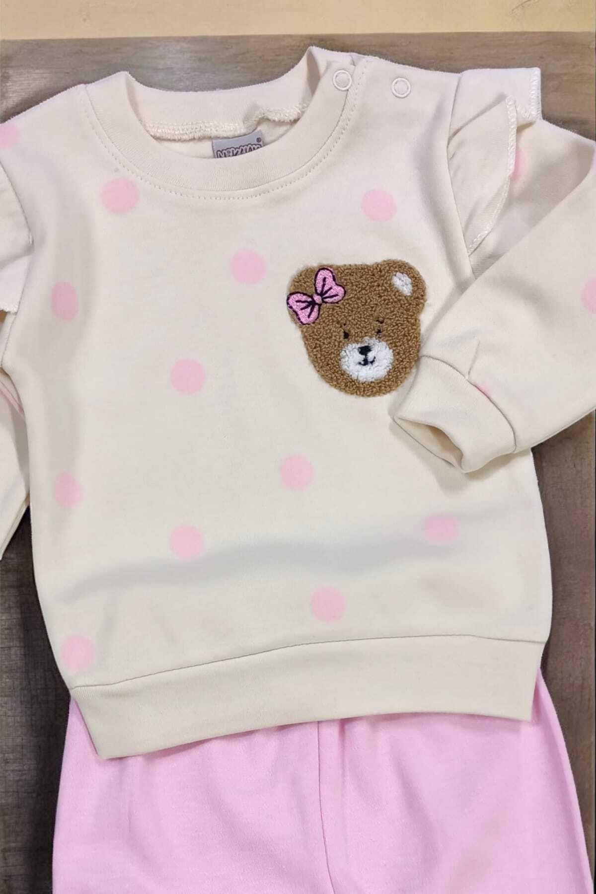 Kız Bebek/Çocuk Puantiyeli Punch Ayıcık Omuzu Çıtçıtlı Bebek Takımı 2li AltÜst Mevsimlik 3-6-9-12ay