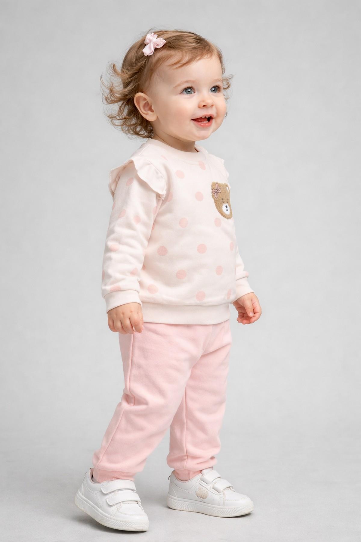 Kız Bebek/Çocuk Puantiyeli Punch Ayıcık Omuzu Çıtçıtlı Bebek Takımı 2li AltÜst Mevsimlik 3-6-9-12ay