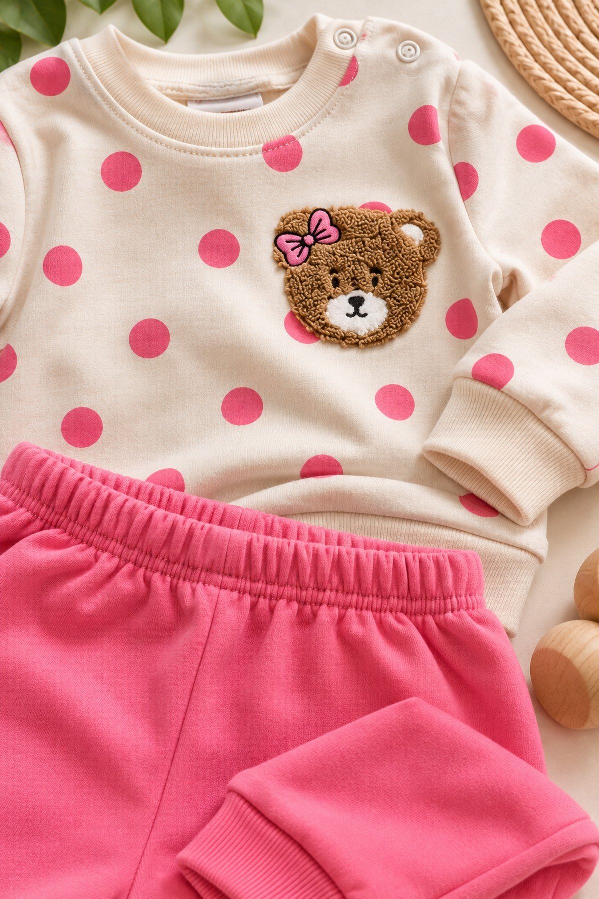 Kız Bebek/Çocuk Puantiyeli Punch Ayıcık Omuzu Çıtçıtlı Bebek Takımı 2li AltÜst Mevsimlik 3-6-9-12ay