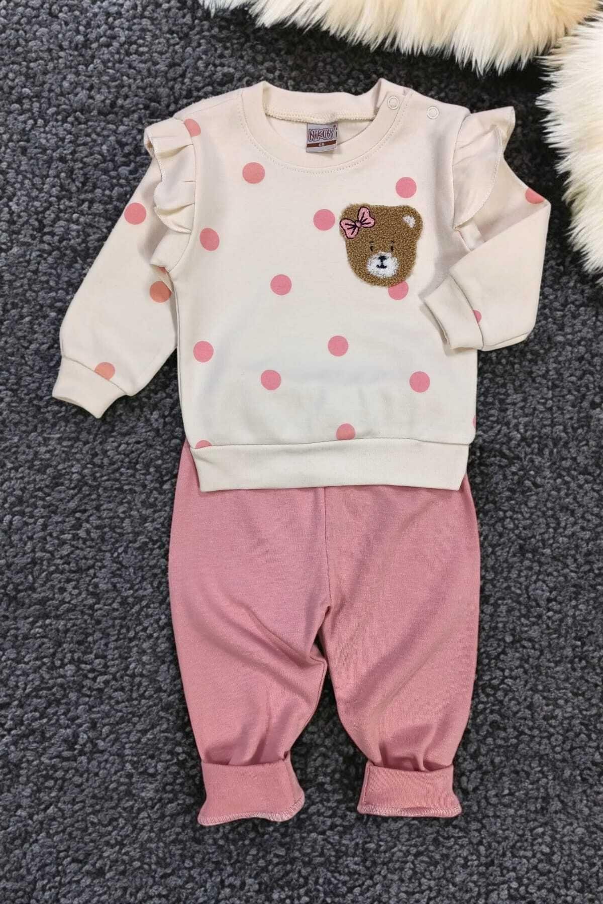 Kız Bebek/Çocuk Puantiyeli Punch Ayıcık Omuzu Çıtçıtlı Bebek Takımı 2li AltÜst Mevsimlik 3-6-9-12ay