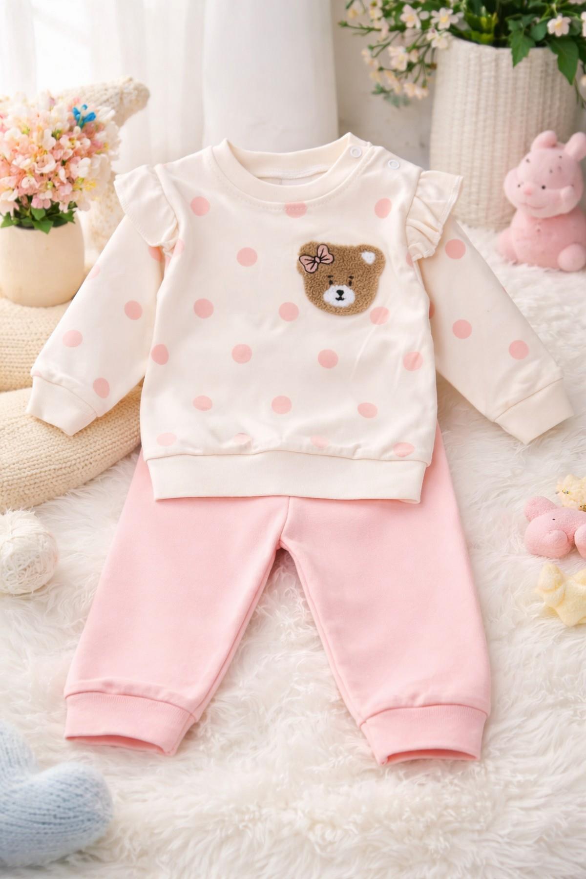 Kız Bebek/Çocuk Puantiyeli Punch Ayıcık Omuzu Çıtçıtlı Bebek Takımı 2li AltÜst Mevsimlik 3-6-9-12ay