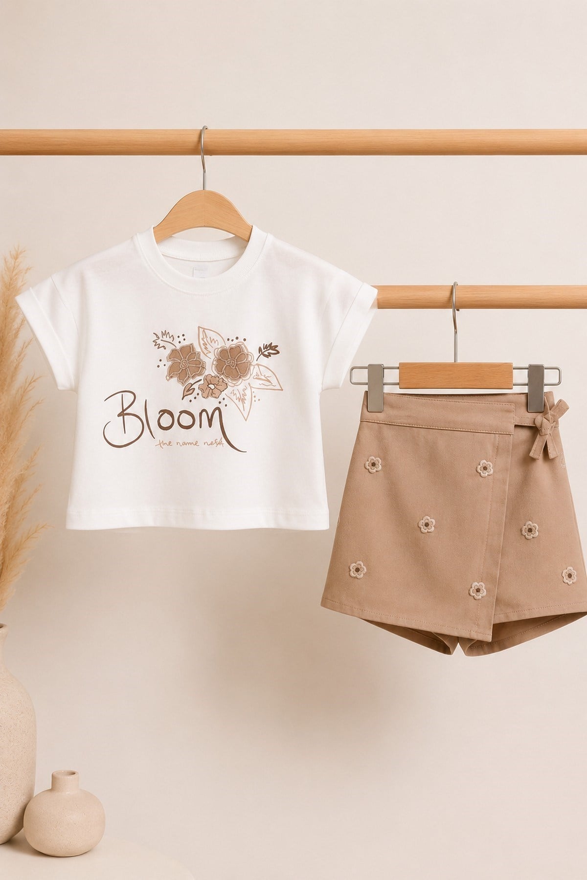 Kız Çocuk Bloom Çiçek Nakışlı Skort Şort Etekli 2'li Takım Yazlık Alt Üst Takım 2-5 Yaş