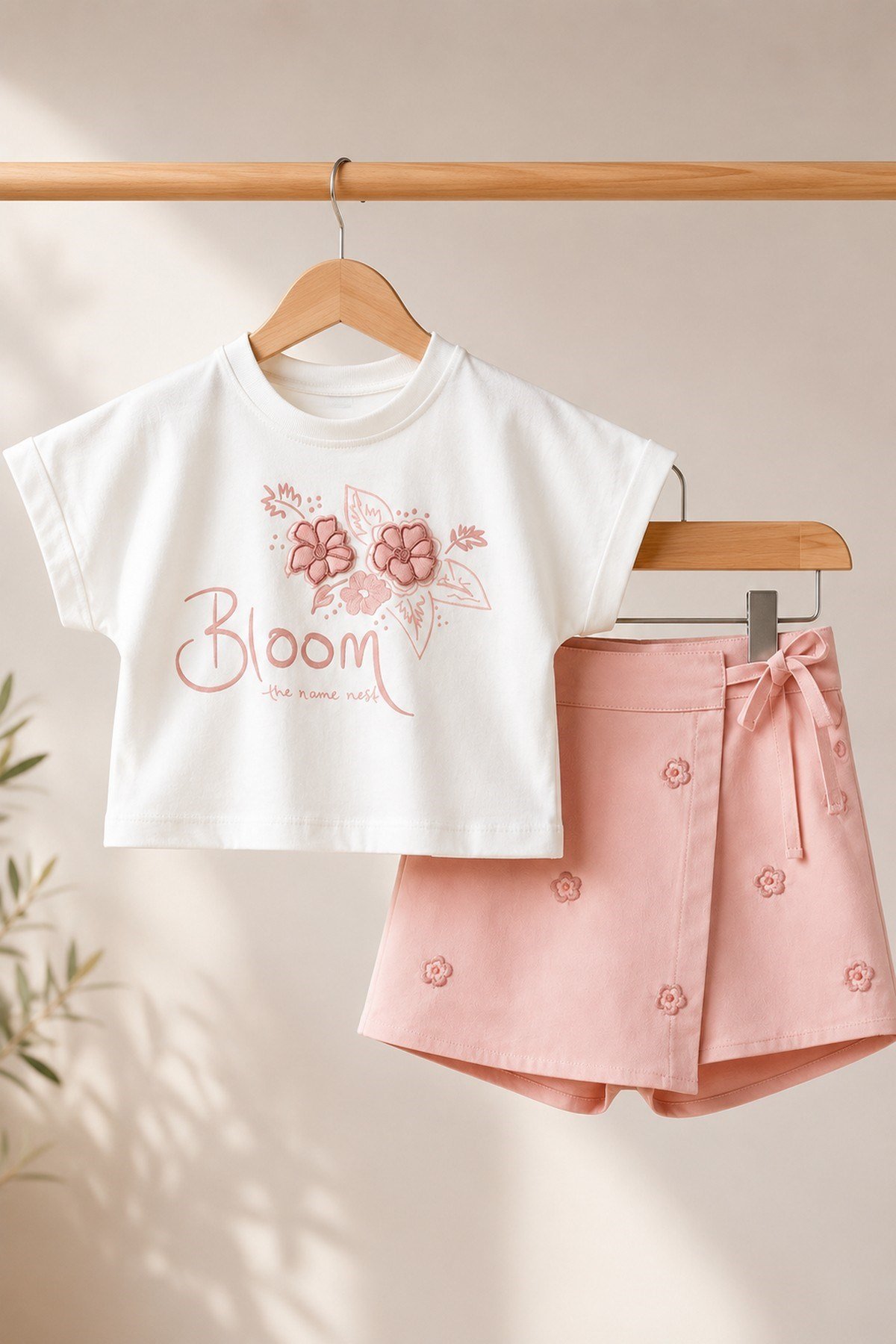 Kız Çocuk Bloom Çiçek Nakışlı Skort Şort Etekli 2'li Takım Yazlık Alt Üst Takım 2-5 Yaş