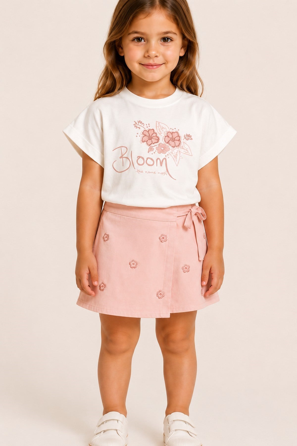 Kız Çocuk Bloom Çiçek Nakışlı Skort Şort Etekli 2'li Takım Yazlık Alt Üst Takım 2-5 Yaş