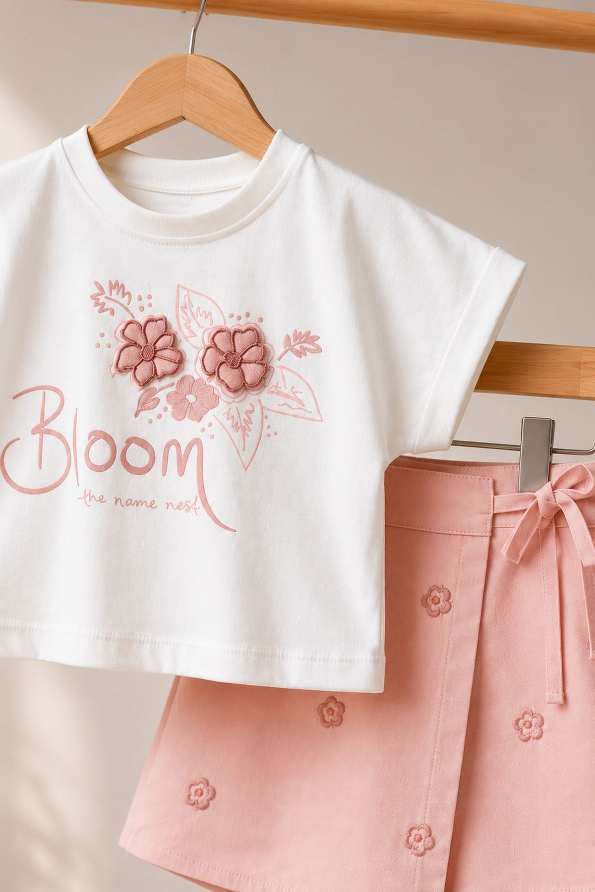 Kız Çocuk Bloom Çiçek Nakışlı Skort Şort Etekli 2'li Takım Yazlık Alt Üst Takım 2-5 Yaş