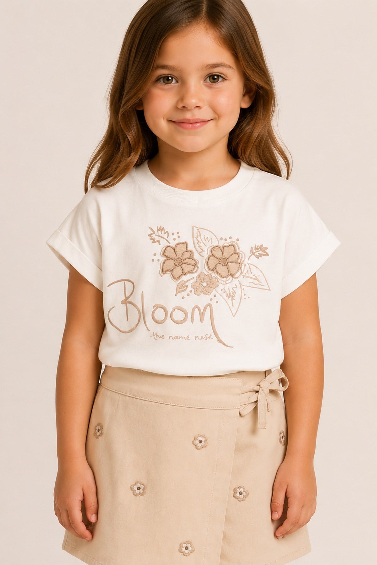 Kız Çocuk Bloom Çiçek Nakışlı Skort Şort Etekli 2'li Takım Yazlık Alt Üst Takım 2-5 Yaş