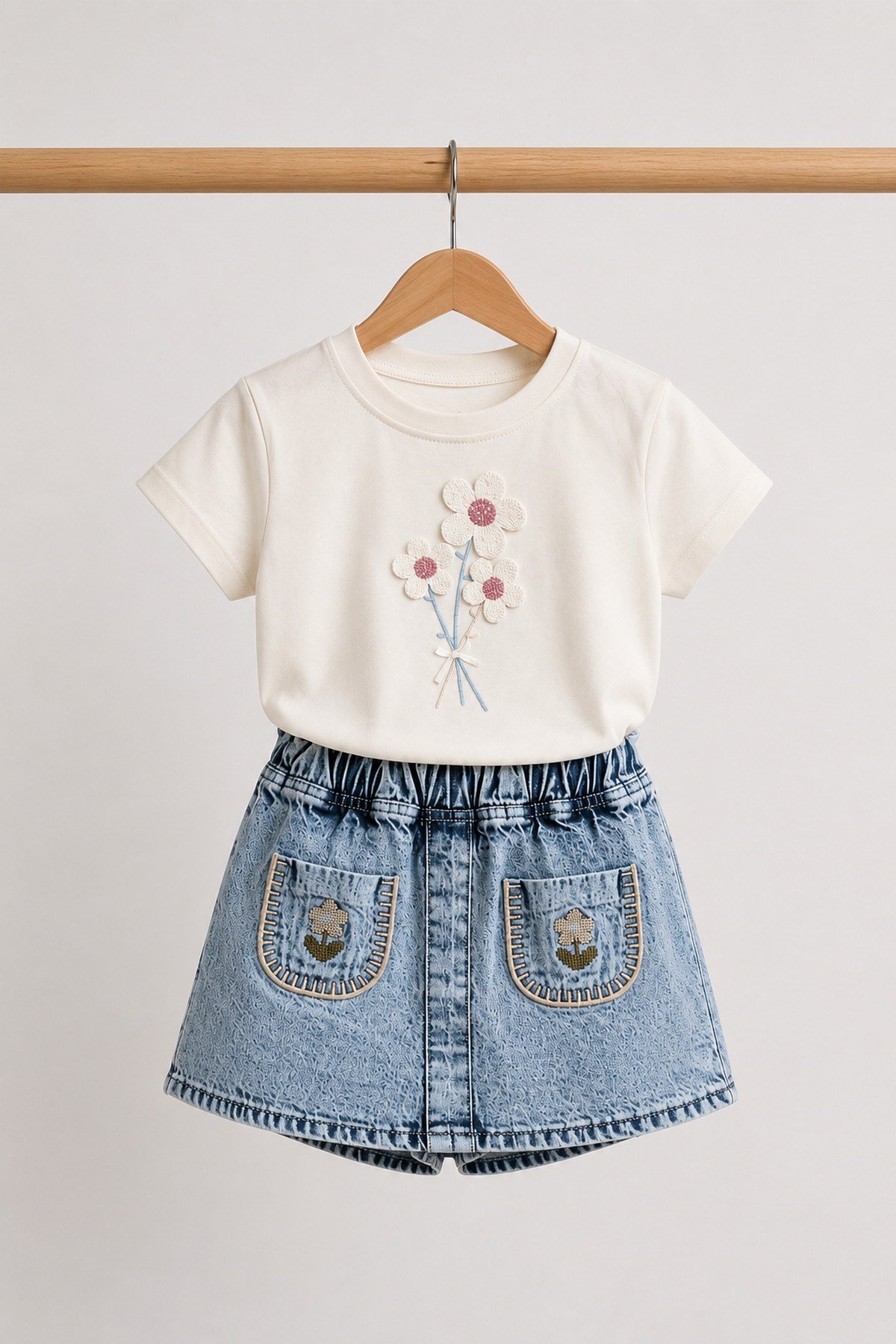 Kız Çocuk Çiçek Nakışlı Tişört Kot Şort Etek Takım 2-3-4-5 Yaş Yazlık Denim Skortlu İkili Takım