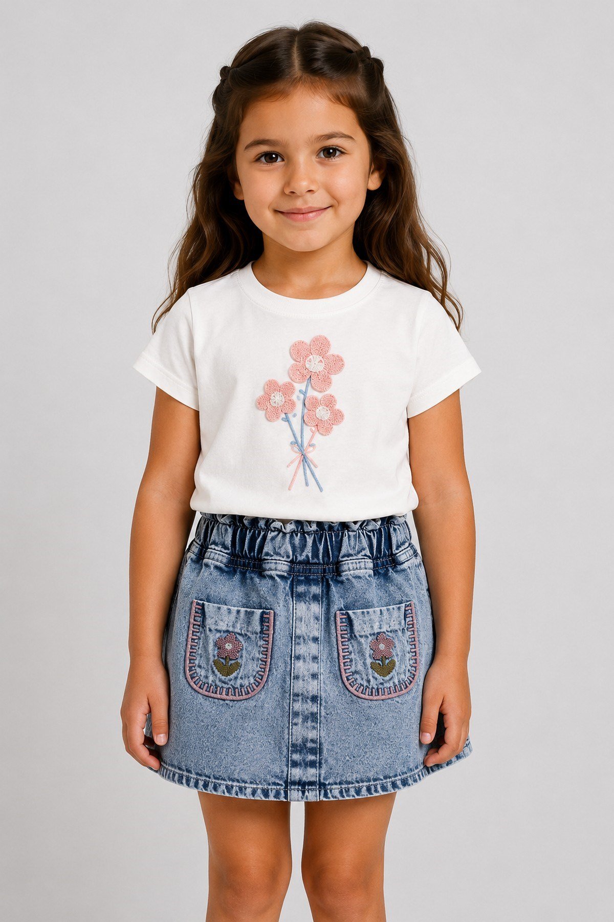 Kız Çocuk Çiçek Nakışlı Tişört Kot Şort Etek Takım 2-3-4-5 Yaş Yazlık Denim Skortlu İkili Takım