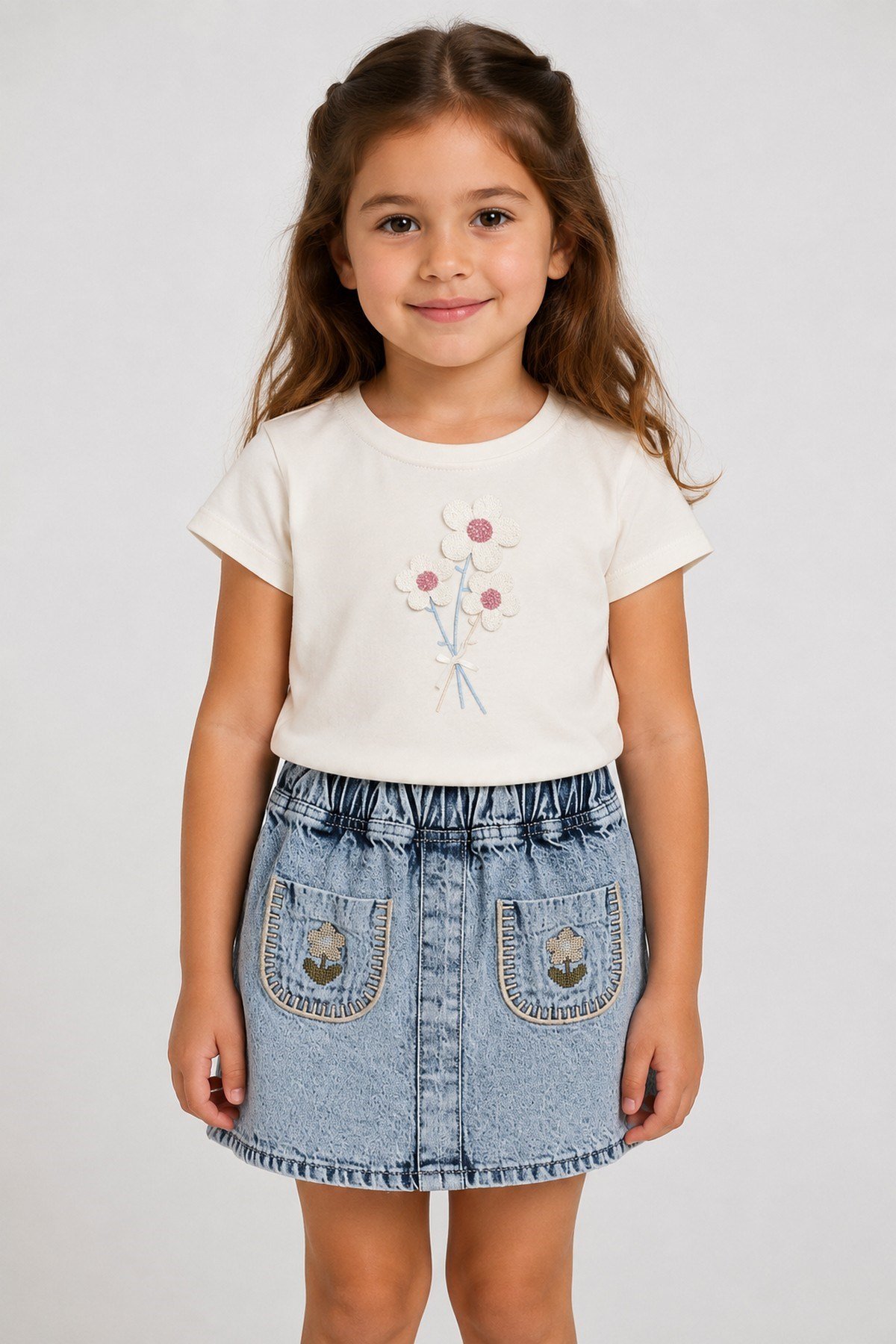 Kız Çocuk Çiçek Nakışlı Tişört Kot Şort Etek Takım 2-3-4-5 Yaş Yazlık Denim Skortlu İkili Takım