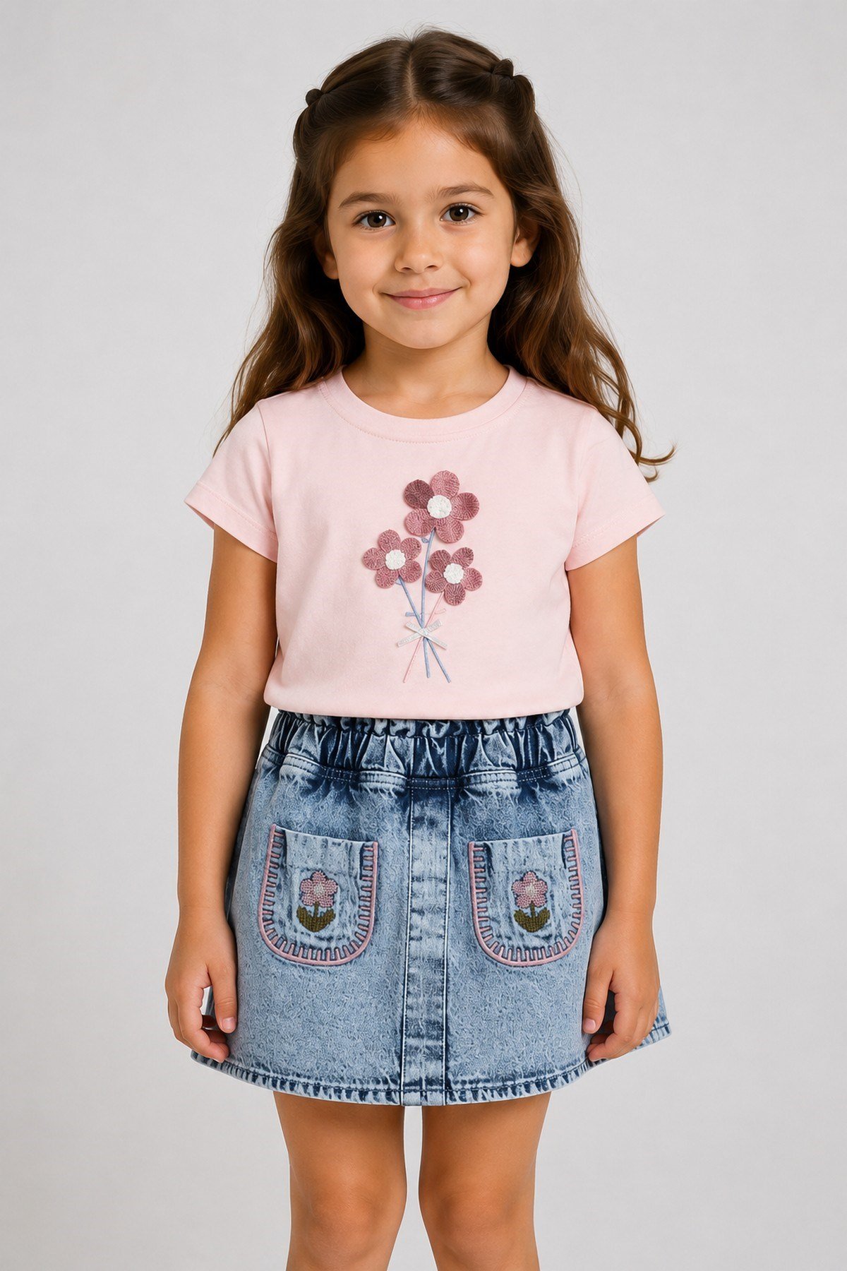 Kız Çocuk Çiçek Nakışlı Tişört Kot Şort Etek Takım 2-3-4-5 Yaş Yazlık Denim Skortlu İkili Takım