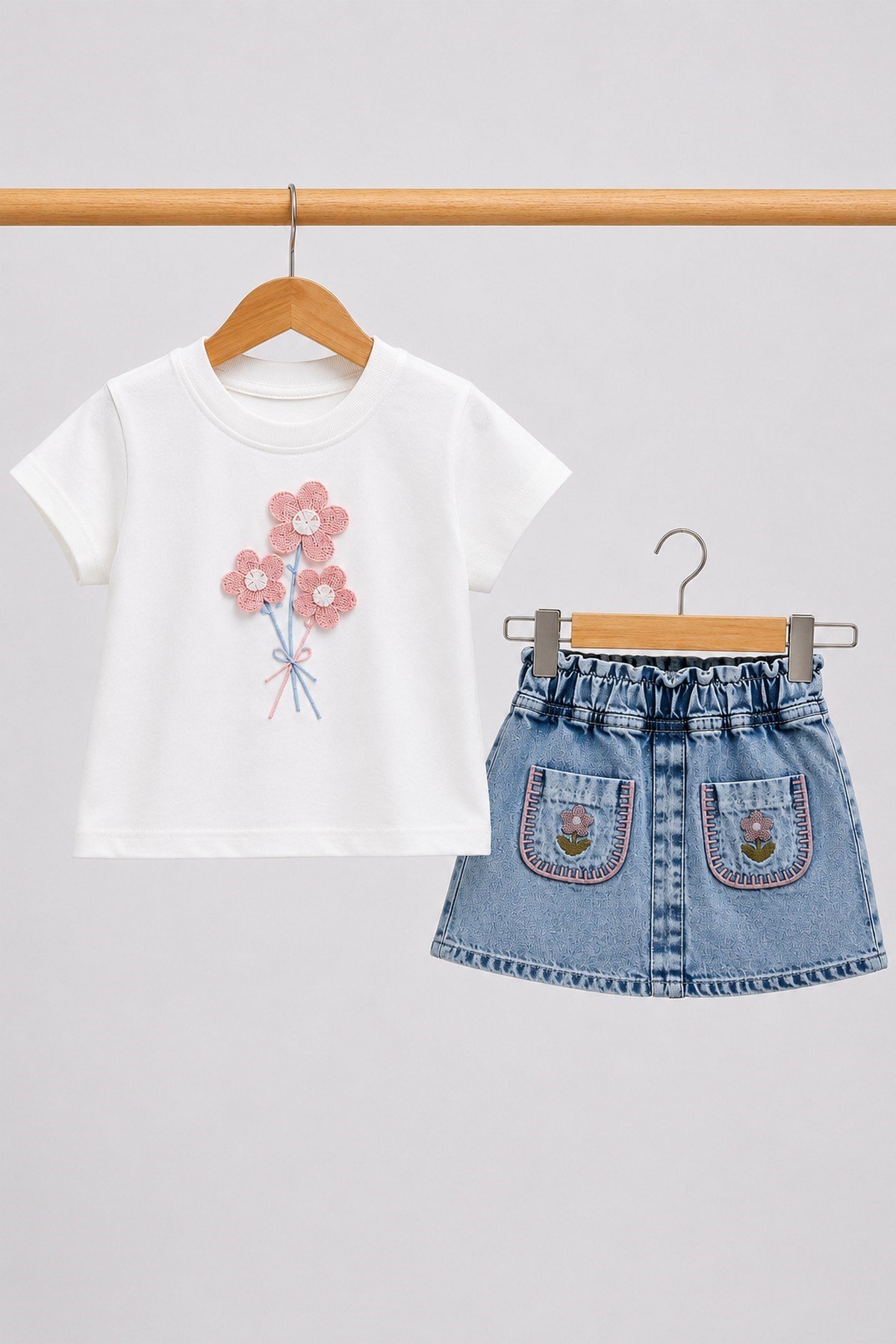 Kız Çocuk Çiçek Nakışlı Tişört Kot Şort Etek Takım 2-3-4-5 Yaş Yazlık Denim Skortlu İkili Takım