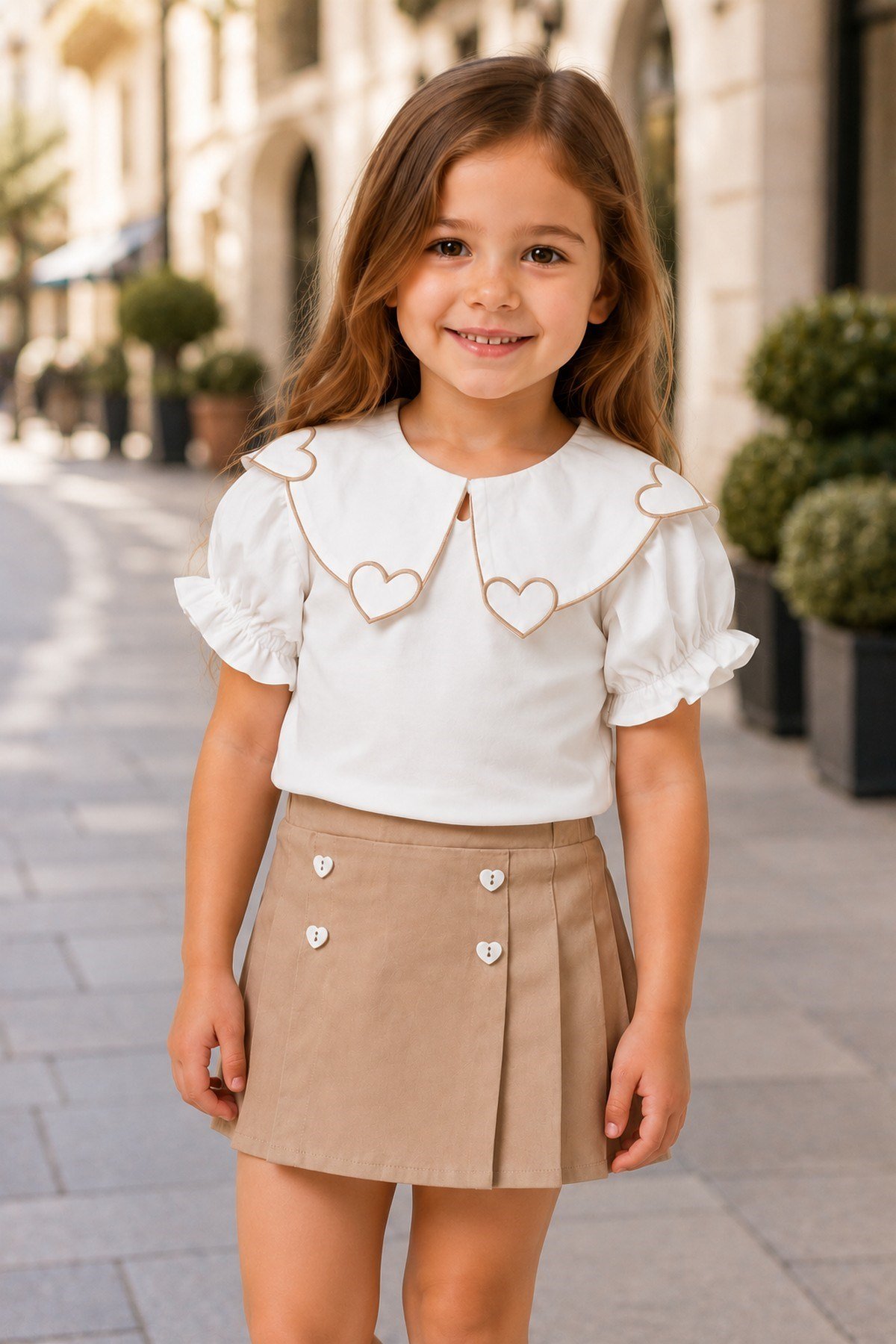 Kız Çocuk Kalp Nakışlı Peter Pan Yaka Bluz Şort Etek (Skort) Takım 2-5 Yaş