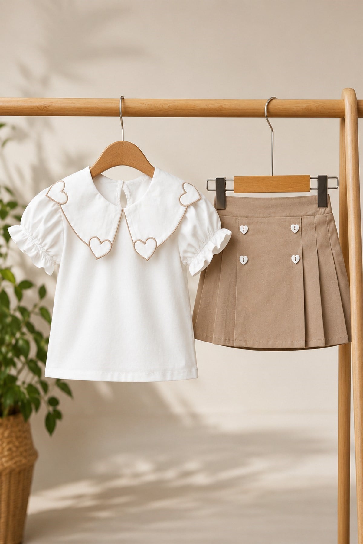 Kız Çocuk Kalp Nakışlı Peter Pan Yaka Bluz Şort Etek (Skort) Takım 2-5 Yaş