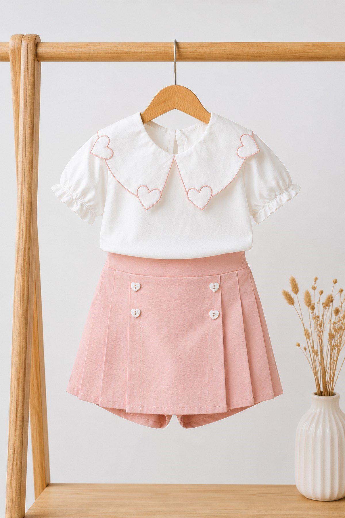 Kız Çocuk Kalp Nakışlı Peter Pan Yaka Bluz Şort Etek (Skort) Takım 2-5 Yaş