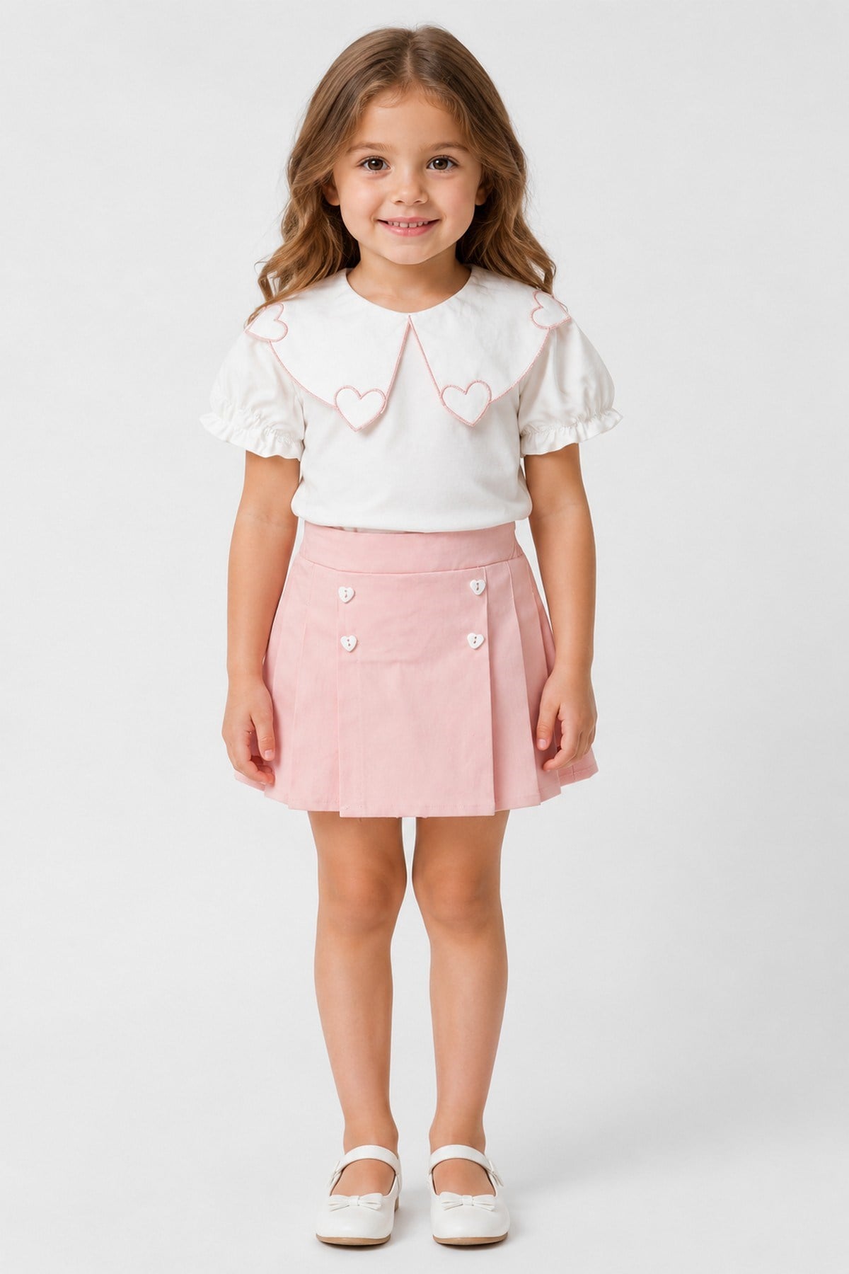 Kız Çocuk Kalp Nakışlı Peter Pan Yaka Bluz Şort Etek (Skort) Takım 2-5 Yaş