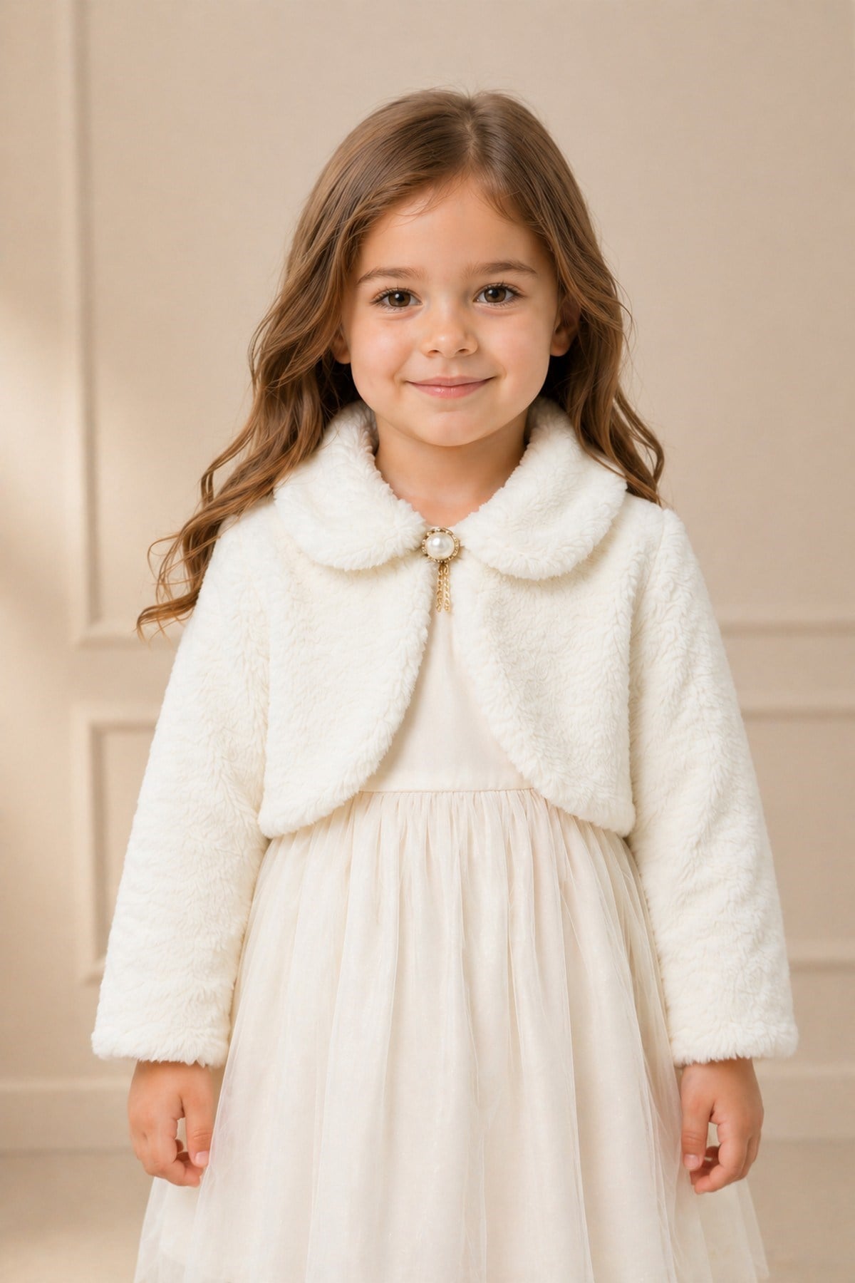 Kız Çocuk Peluş Bolero Kürk Görünümlü Crop Kısa Ceket İnci Düğmeli Şık Özel Gün 1-2-3-4-5 Yaş Bayram Doğum günü