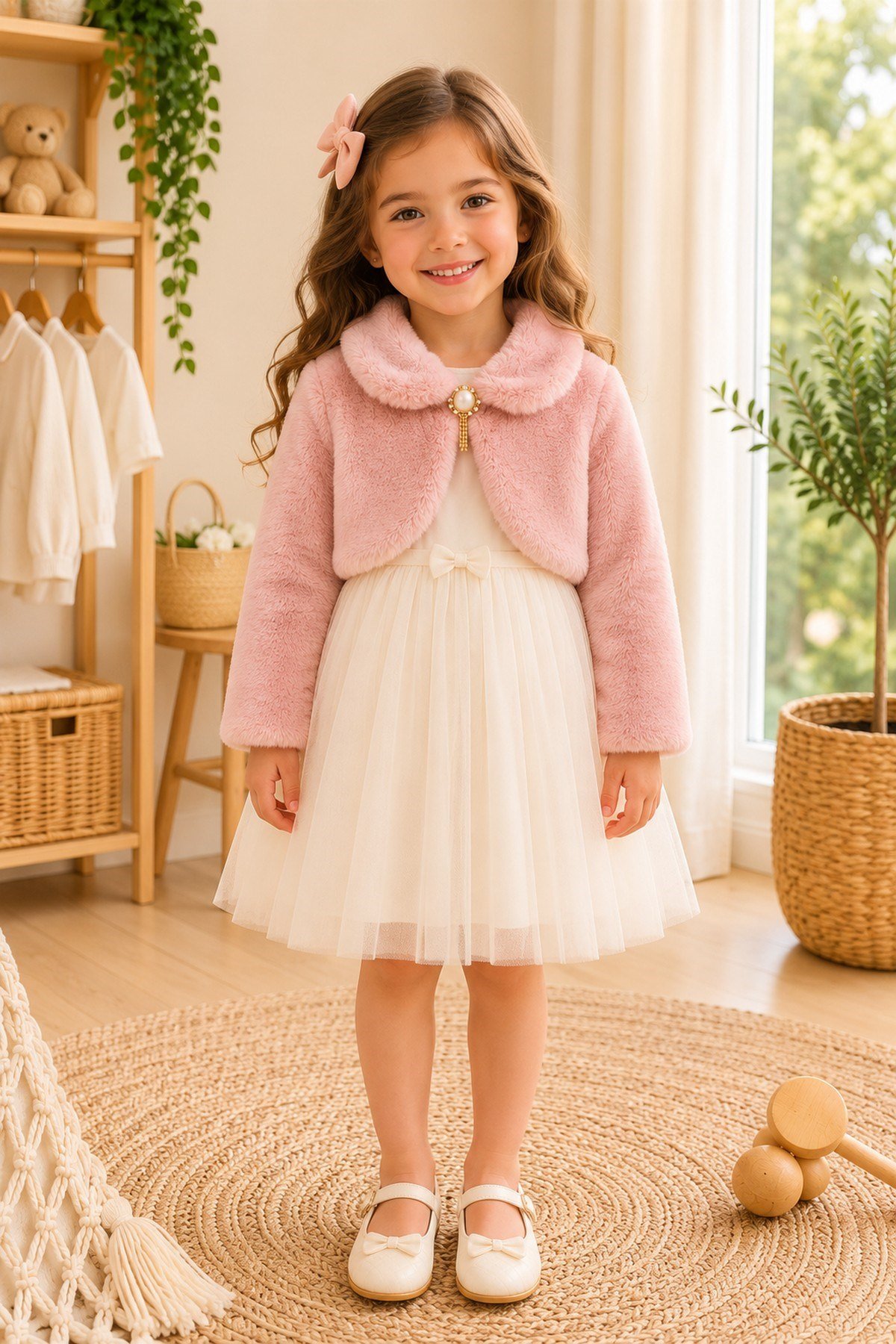 Kız Çocuk Peluş Bolero Kürk Görünümlü Crop Kısa Ceket İnci Düğmeli Şık Özel Gün 1-2-3-4-5 Yaş Bayram Doğum günü