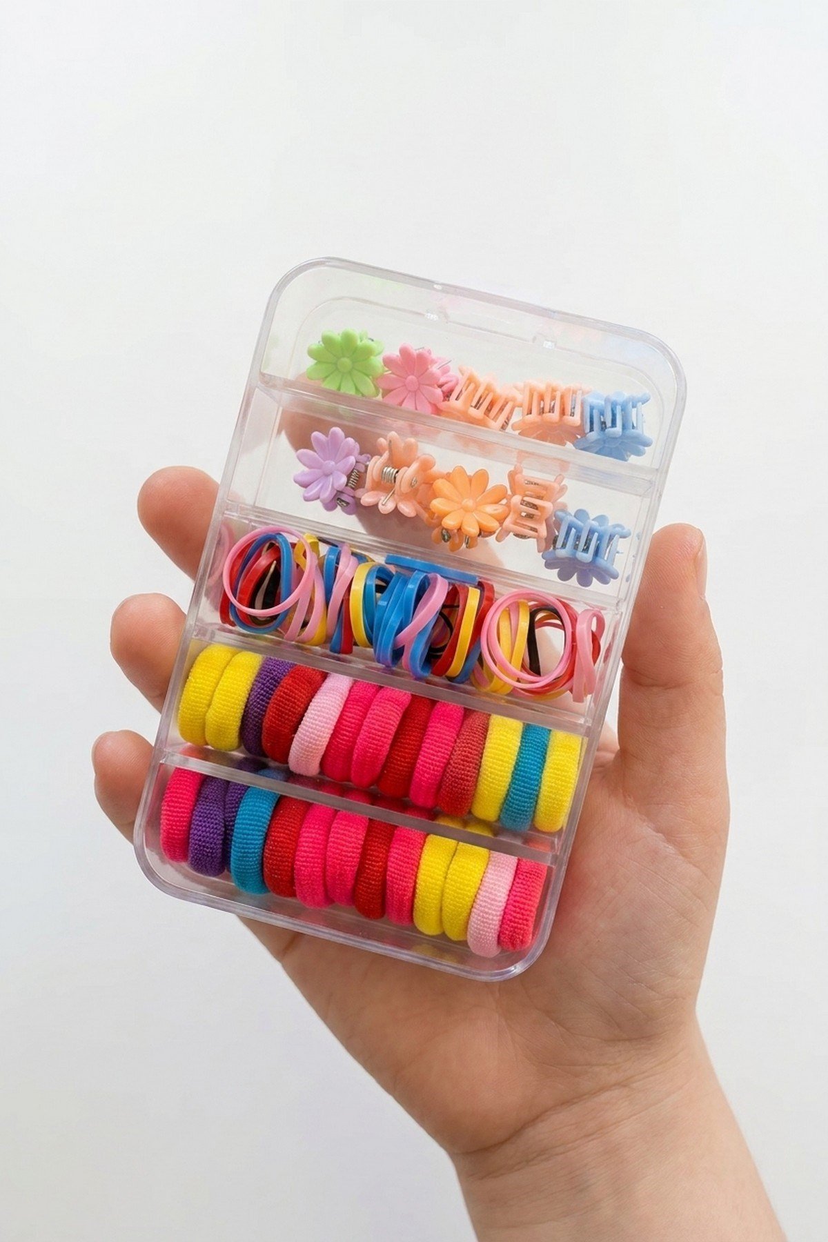 Kız Çocuk Toka Kutusu 10cm x 7cm Şeffaf Organizer Saç Aksesuar Seti Lastik Toka Mandal Toka Saklama Kutusu