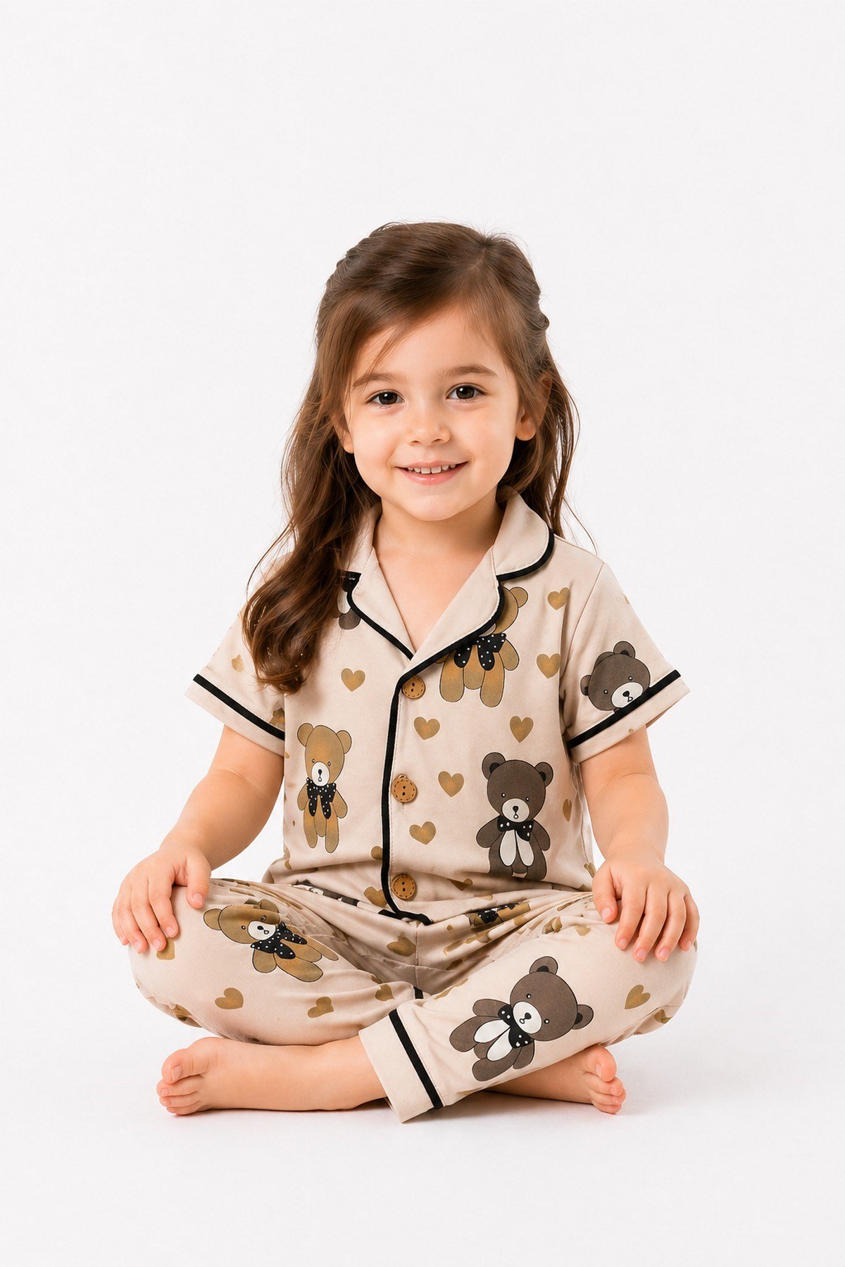Kız Çocuk/Bebek Ayı Desenli Kısa Kollu Alt Üst 2li Pijama Takımı Yazlık 6-24ay/3-6yaş