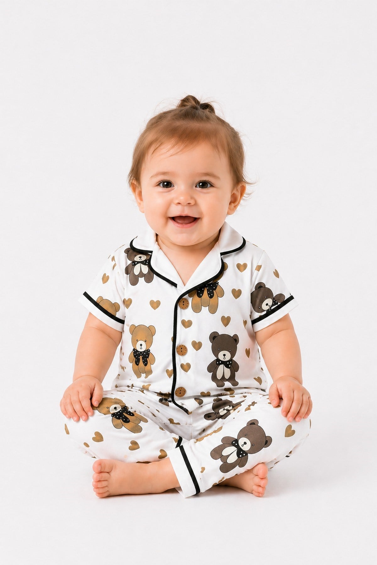 Kız Çocuk/Bebek Ayı Desenli Kısa Kollu Alt Üst 2li Pijama Takımı Yazlık 6-24ay/3-6yaş