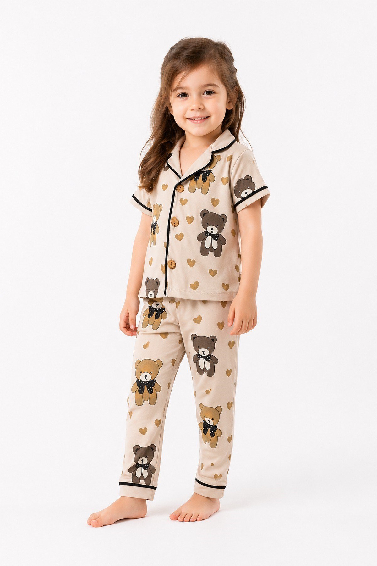Kız Çocuk/Bebek Ayı Desenli Kısa Kollu Alt Üst 2li Pijama Takımı Yazlık 6-24ay/3-6yaş