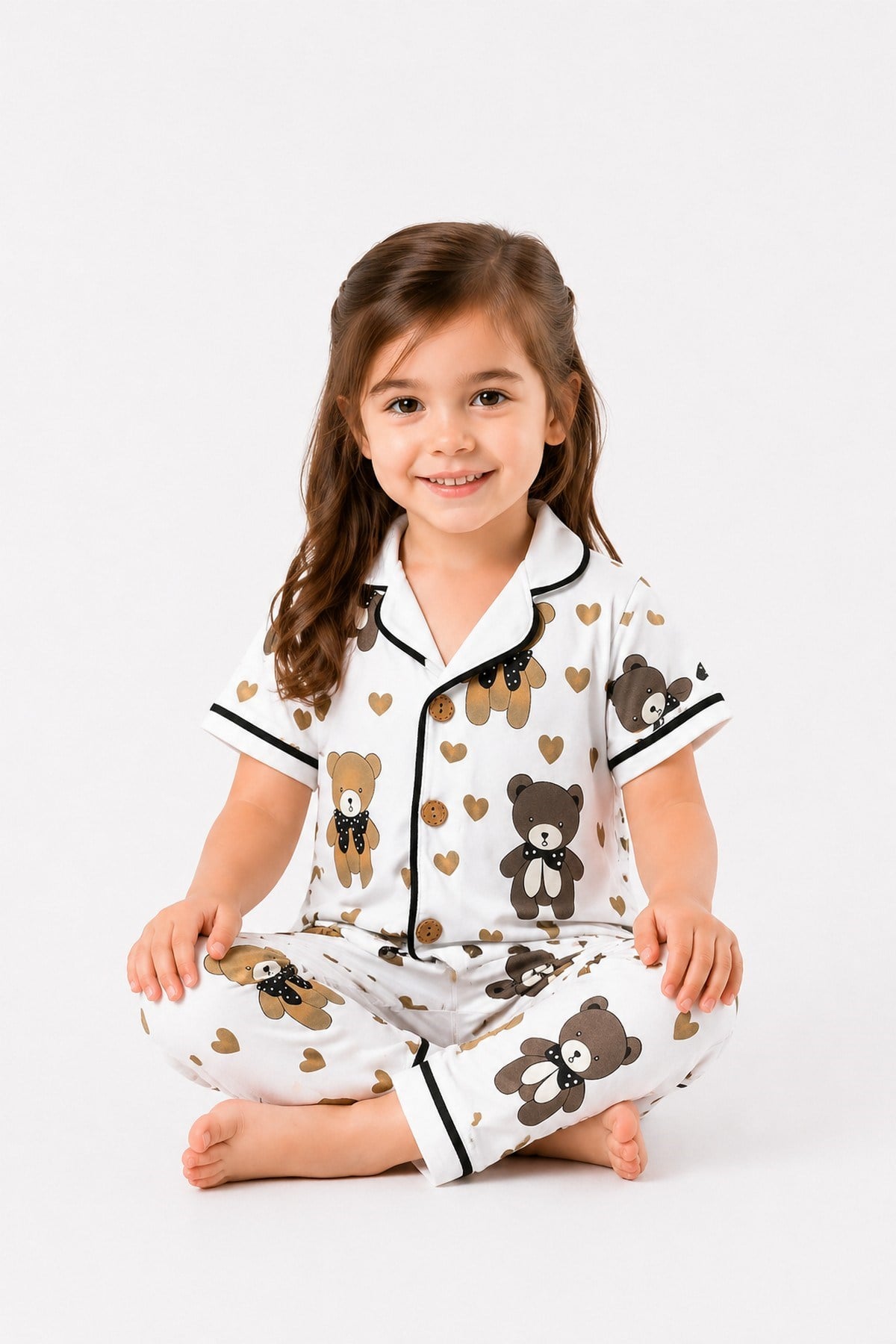 Kız Çocuk/Bebek Ayı Desenli Kısa Kollu Alt Üst 2li Pijama Takımı Yazlık 6-24ay/3-6yaş