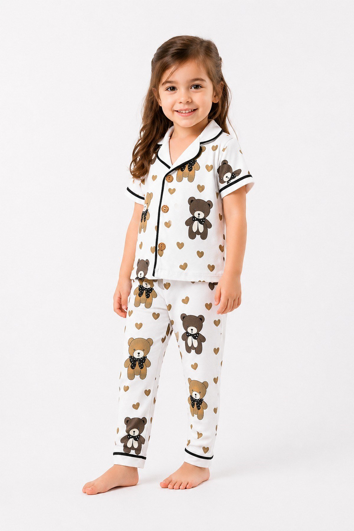 Kız Çocuk/Bebek Ayı Desenli Kısa Kollu Alt Üst 2li Pijama Takımı Yazlık 6-24ay/3-6yaş