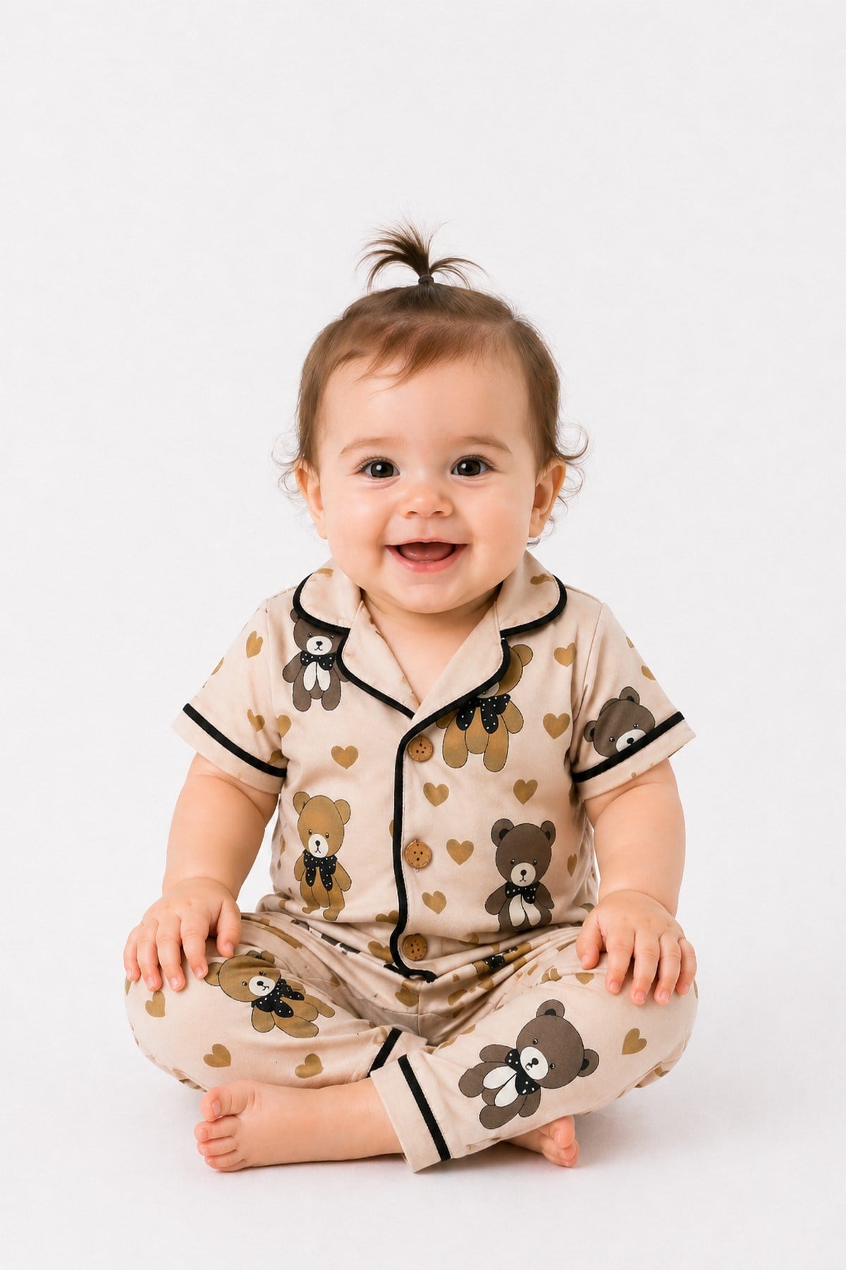 Kız Çocuk/Bebek Ayı Desenli Kısa Kollu Alt Üst 2li Pijama Takımı Yazlık 6-24ay/3-6yaş