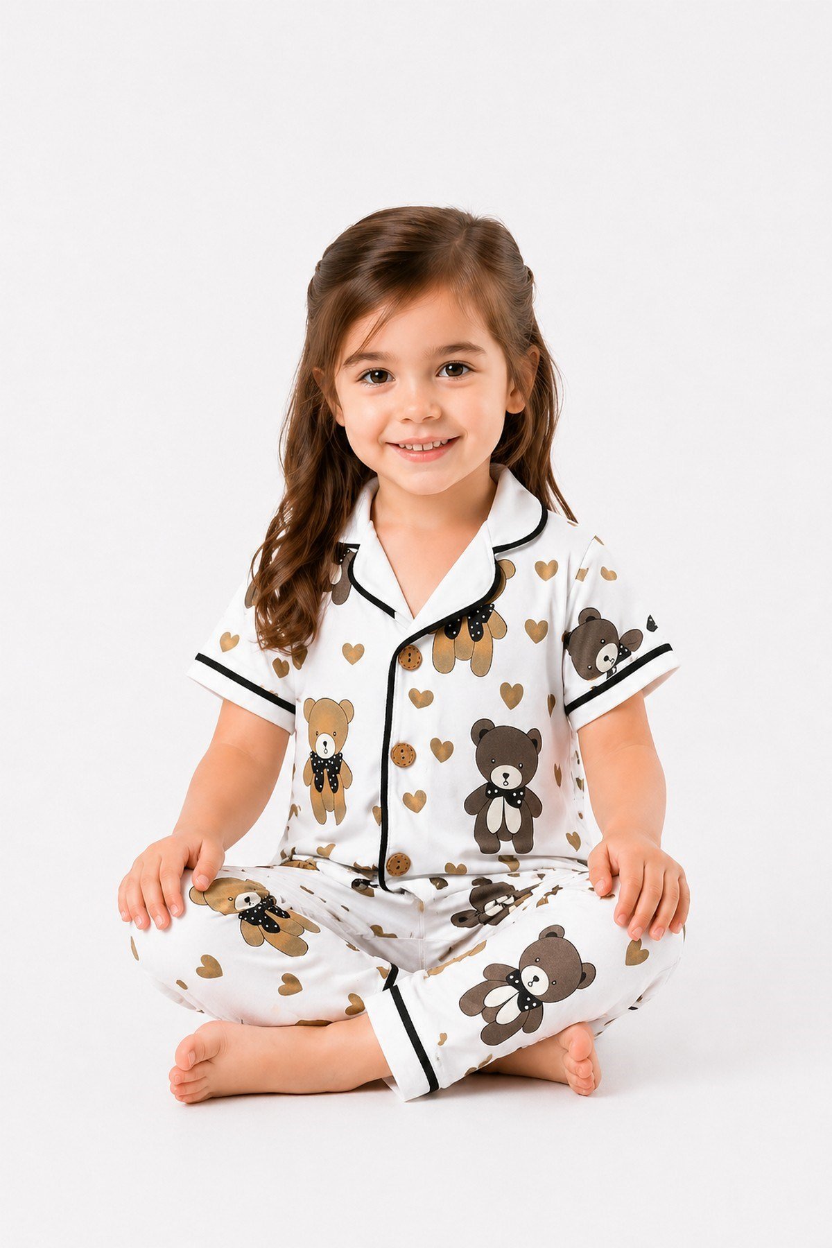 Kız Çocuk/Bebek Ayı Desenli Kısa Kollu Alt Üst 2li Pijama Takımı Yazlık 6-24ay/3-6yaş