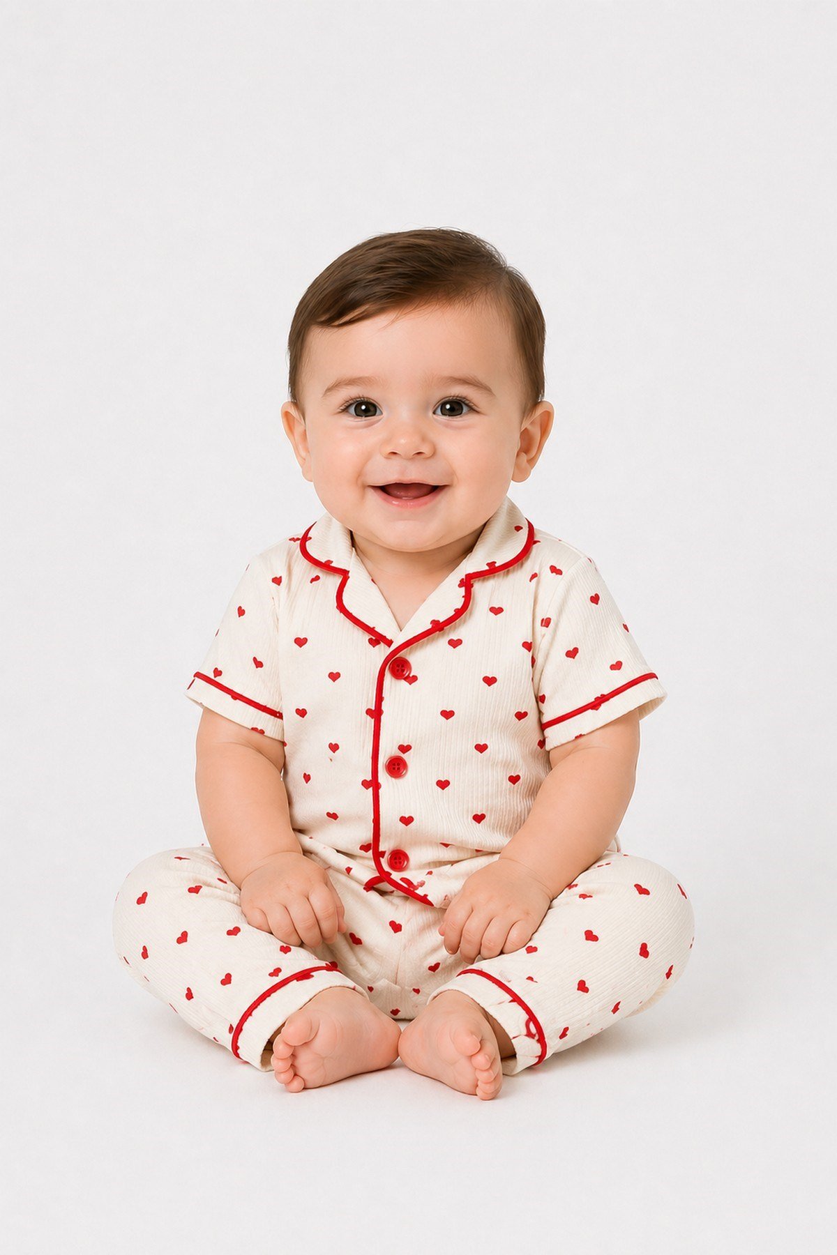 Kız Çocuk/Bebek Kalp Desenli Kısa Kollu Yazlık Pijama Takımı 2'li Alt Üst Takım Ekru Biyeli 6-24aylık/3-6yaş
