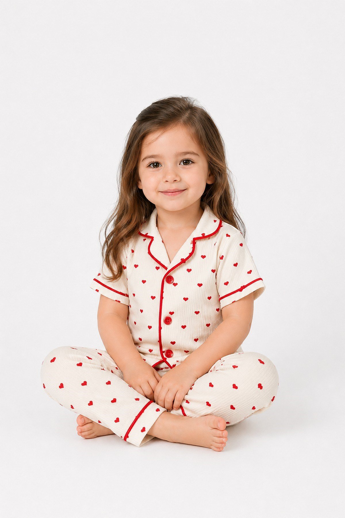 Kız Çocuk/Bebek Kalp Desenli Kısa Kollu Yazlık Pijama Takımı 2'li Alt Üst Takım Ekru Biyeli 6-24aylık/3-6yaş