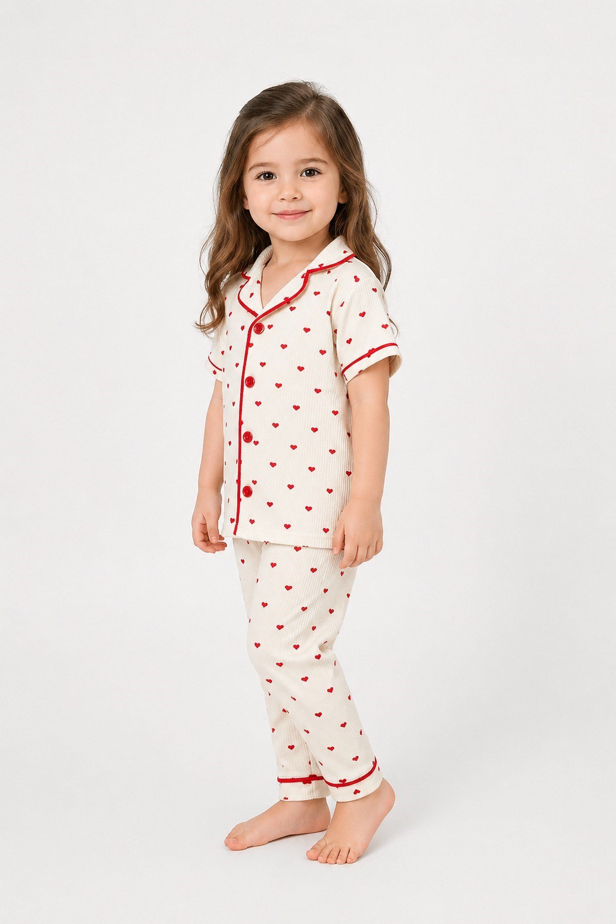 Kız Çocuk/Bebek Kalp Desenli Kısa Kollu Yazlık Pijama Takımı 2'li Alt Üst Takım Ekru Biyeli 6-24aylık/3-6yaş