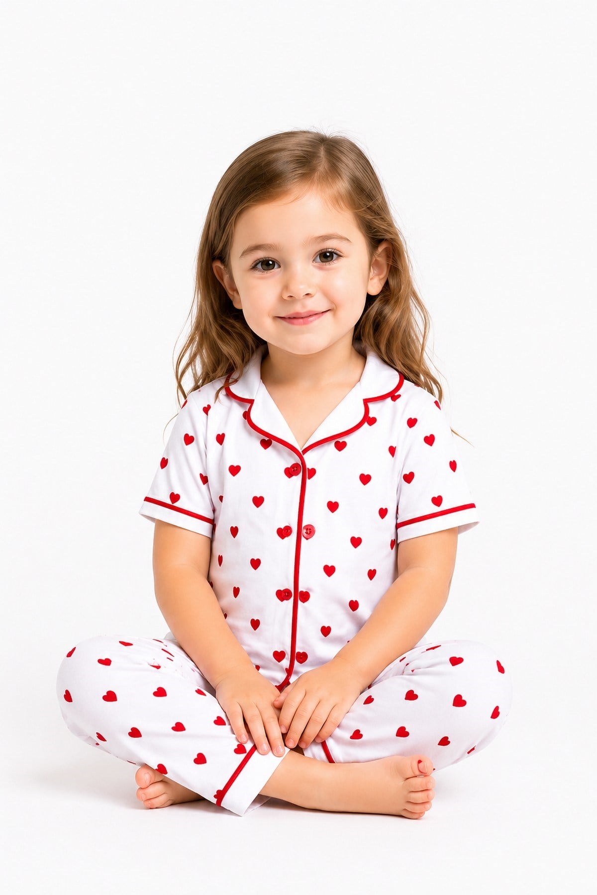 Kız Çocuk/Bebek Kırmızı Kalp Desenli Kısa Kollu Yazlık Pijama Takımı 2'li Set 6-24aylık 3-6yaş