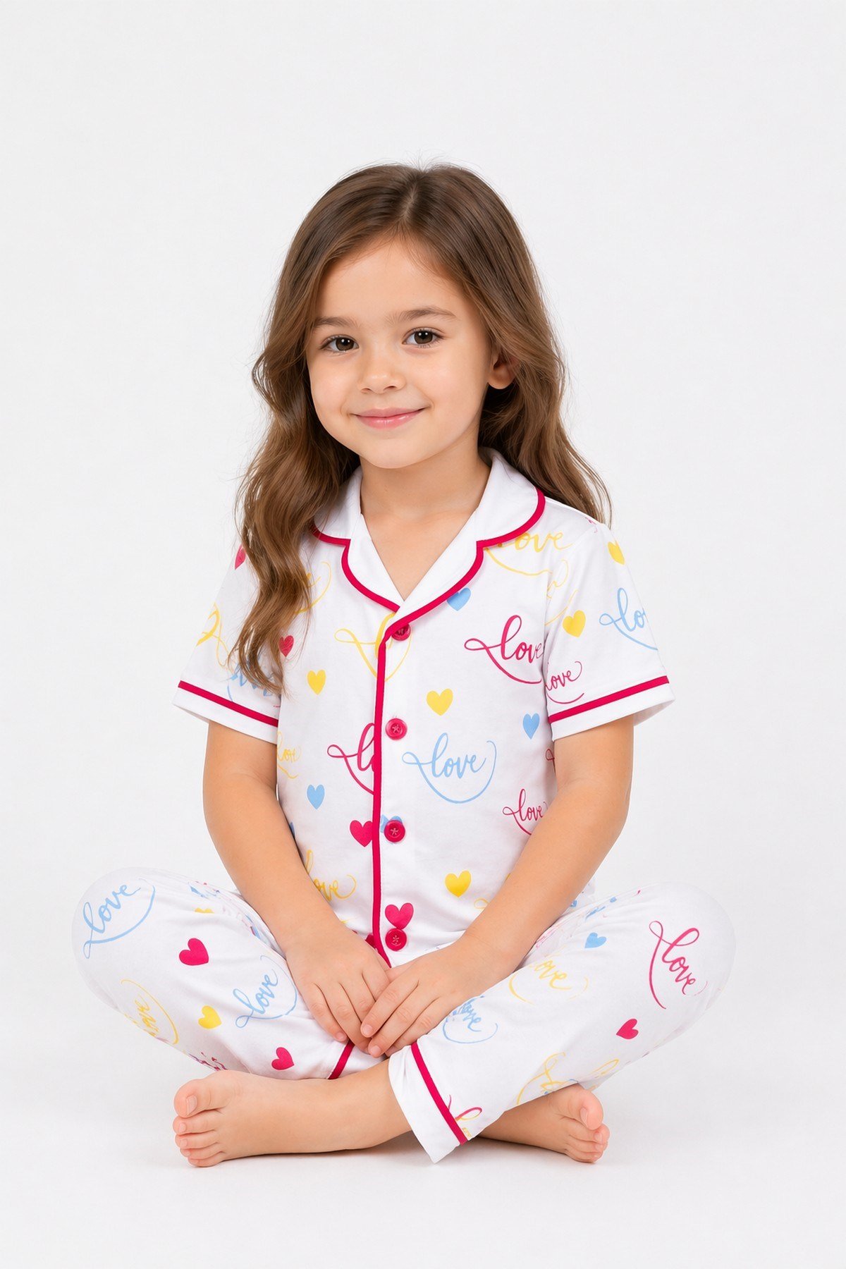 Kız Çocuk/Bebek Love Desenli Kısa Kollu Pijama Takımı Yazlık %100Pamuk 2'li Alt Üst Takım 6-24aylık 3-6yaş