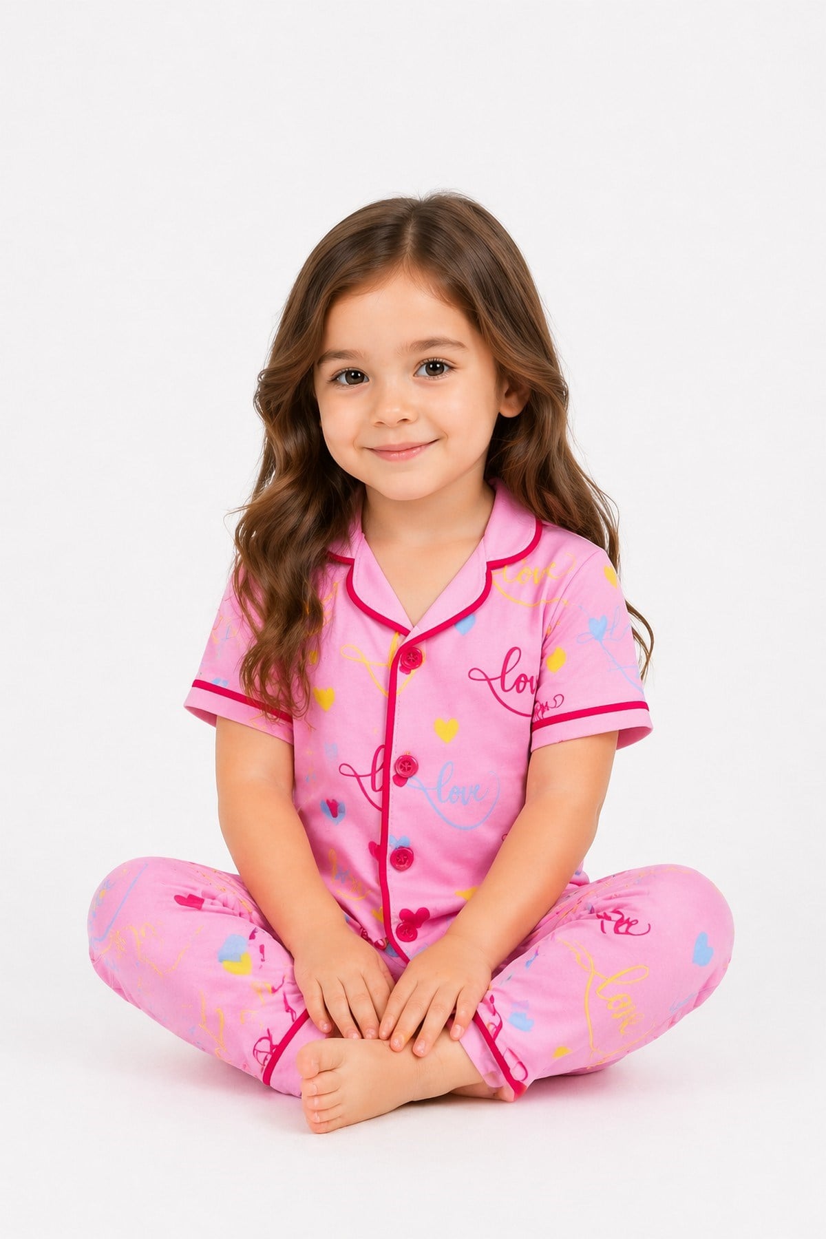 Kız Çocuk/Bebek Love Desenli Kısa Kollu Pijama Takımı Yazlık %100Pamuk 2'li Alt Üst Takım 6-24aylık 3-6yaş