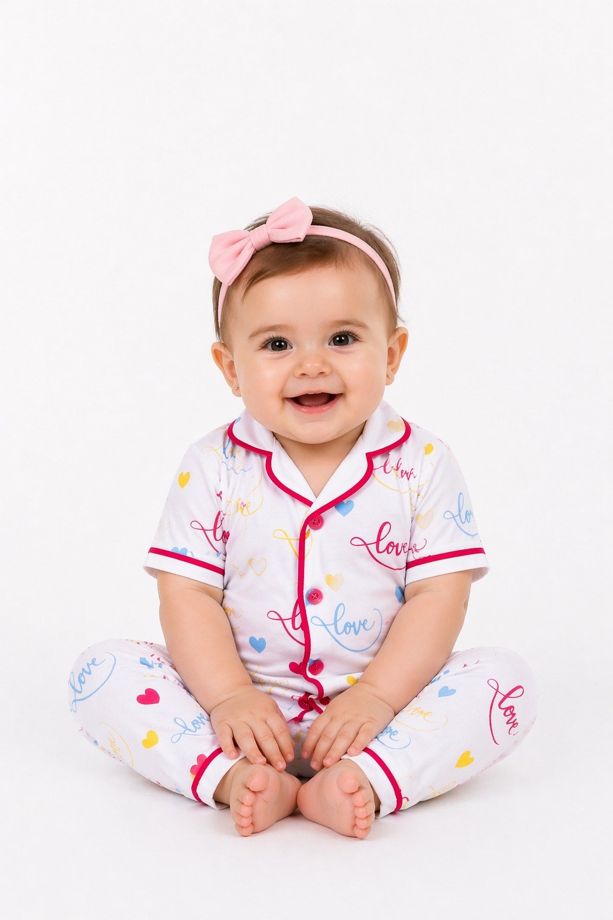 Kız Çocuk/Bebek Love Desenli Kısa Kollu Pijama Takımı Yazlık %100Pamuk 2'li Alt Üst Takım 6-24aylık 3-6yaş