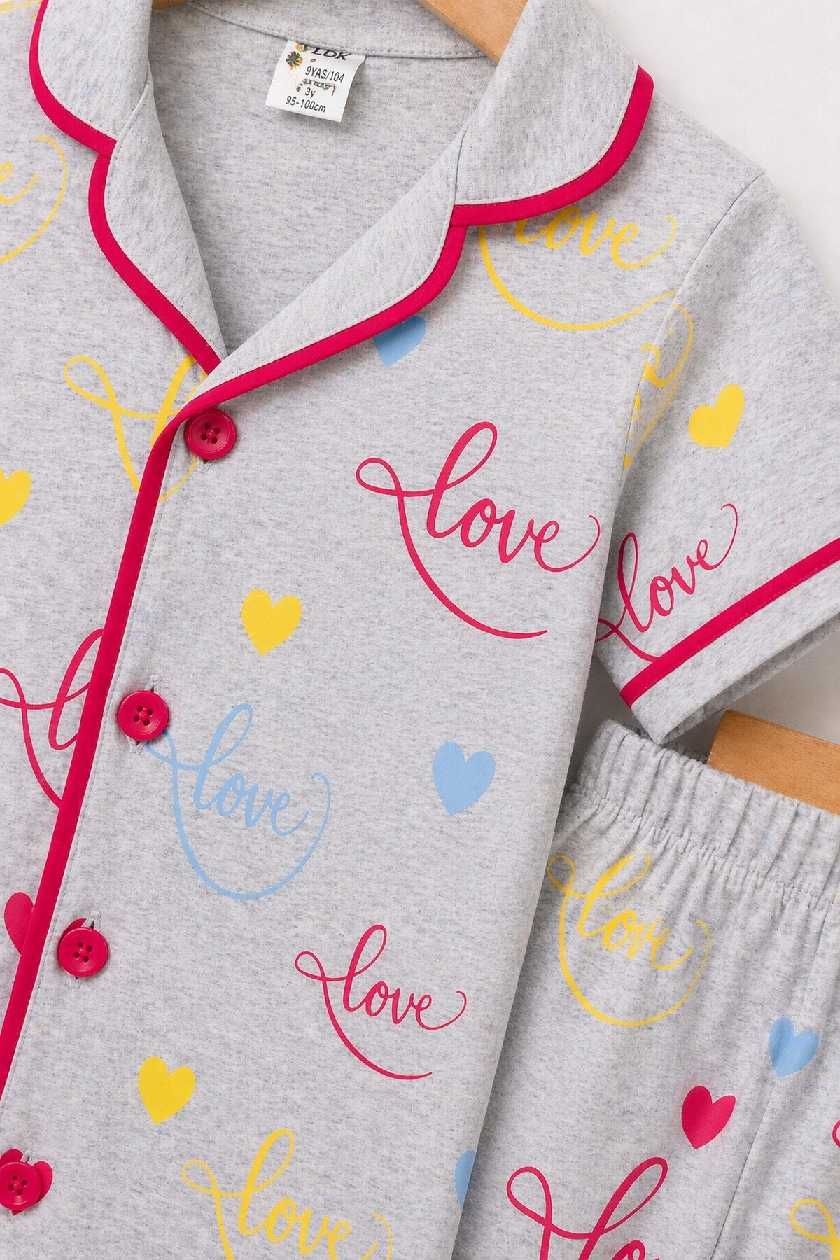Kız Çocuk/Bebek Love Desenli Kısa Kollu Pijama Takımı Yazlık %100Pamuk 2'li Alt Üst Takım 6-24aylık 3-6yaş