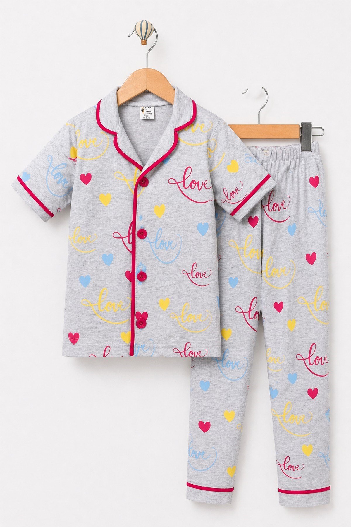 Kız Çocuk/Bebek Love Desenli Kısa Kollu Pijama Takımı Yazlık %100Pamuk 2'li Alt Üst Takım 6-24aylık 3-6yaş