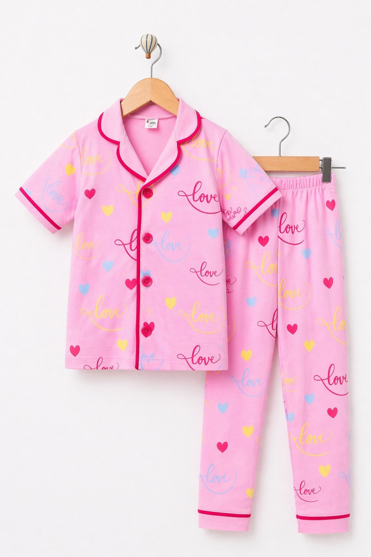 Kız Çocuk/Bebek Love Desenli Kısa Kollu Pijama Takımı Yazlık %100Pamuk 2'li Alt Üst Takım 6-24aylık 3-6yaş
