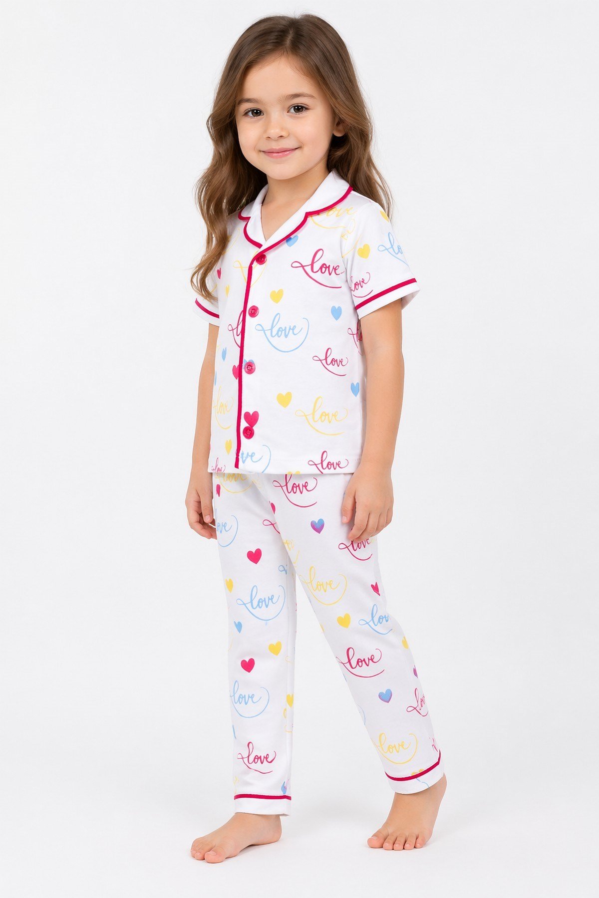 Kız Çocuk/Bebek Love Desenli Kısa Kollu Pijama Takımı Yazlık %100Pamuk 2'li Alt Üst Takım 6-24aylık 3-6yaş