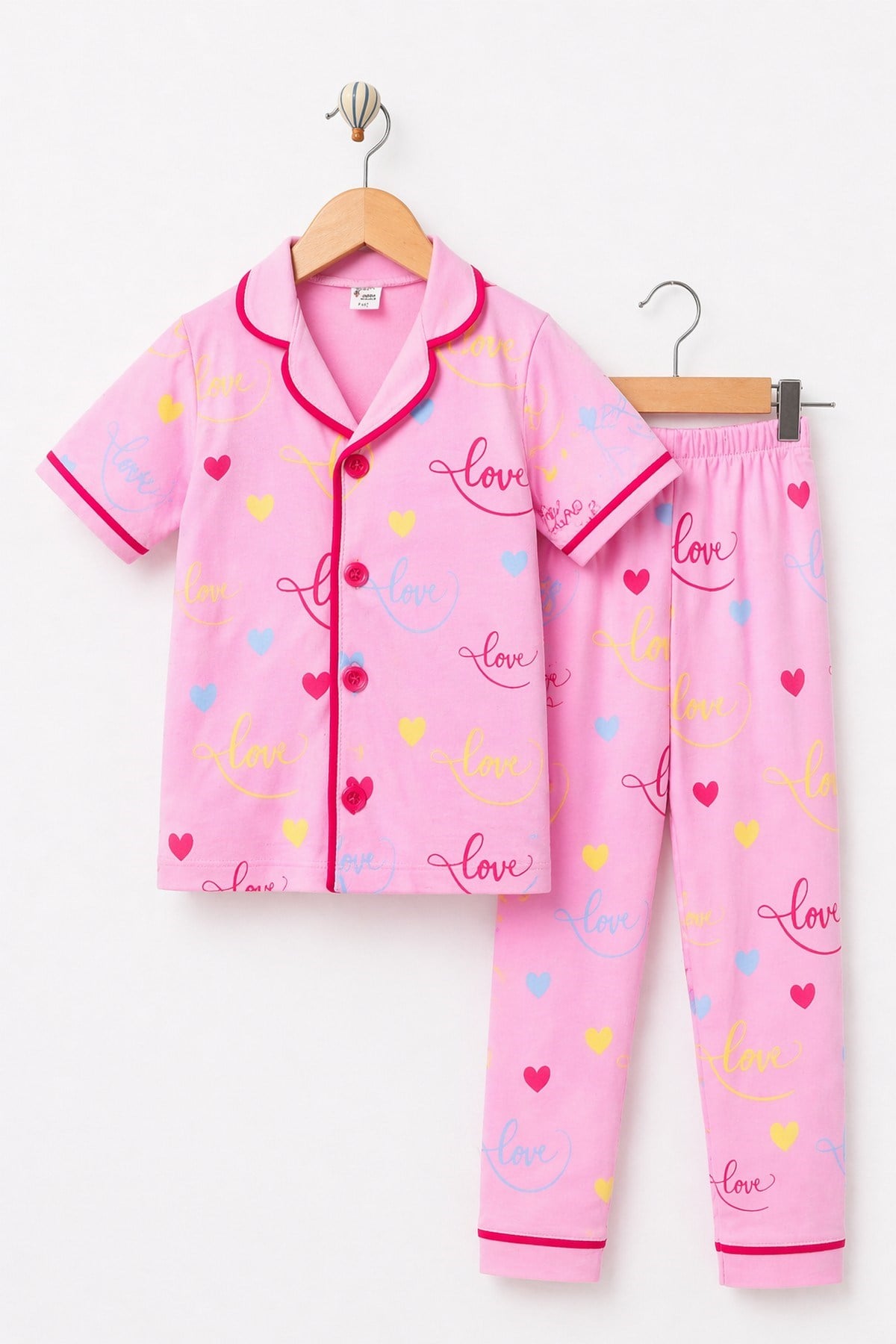 Kız Çocuk/Bebek Love Desenli Kısa Kollu Pijama Takımı Yazlık %100Pamuk 2'li Alt Üst Takım 6-24aylık 3-6yaş