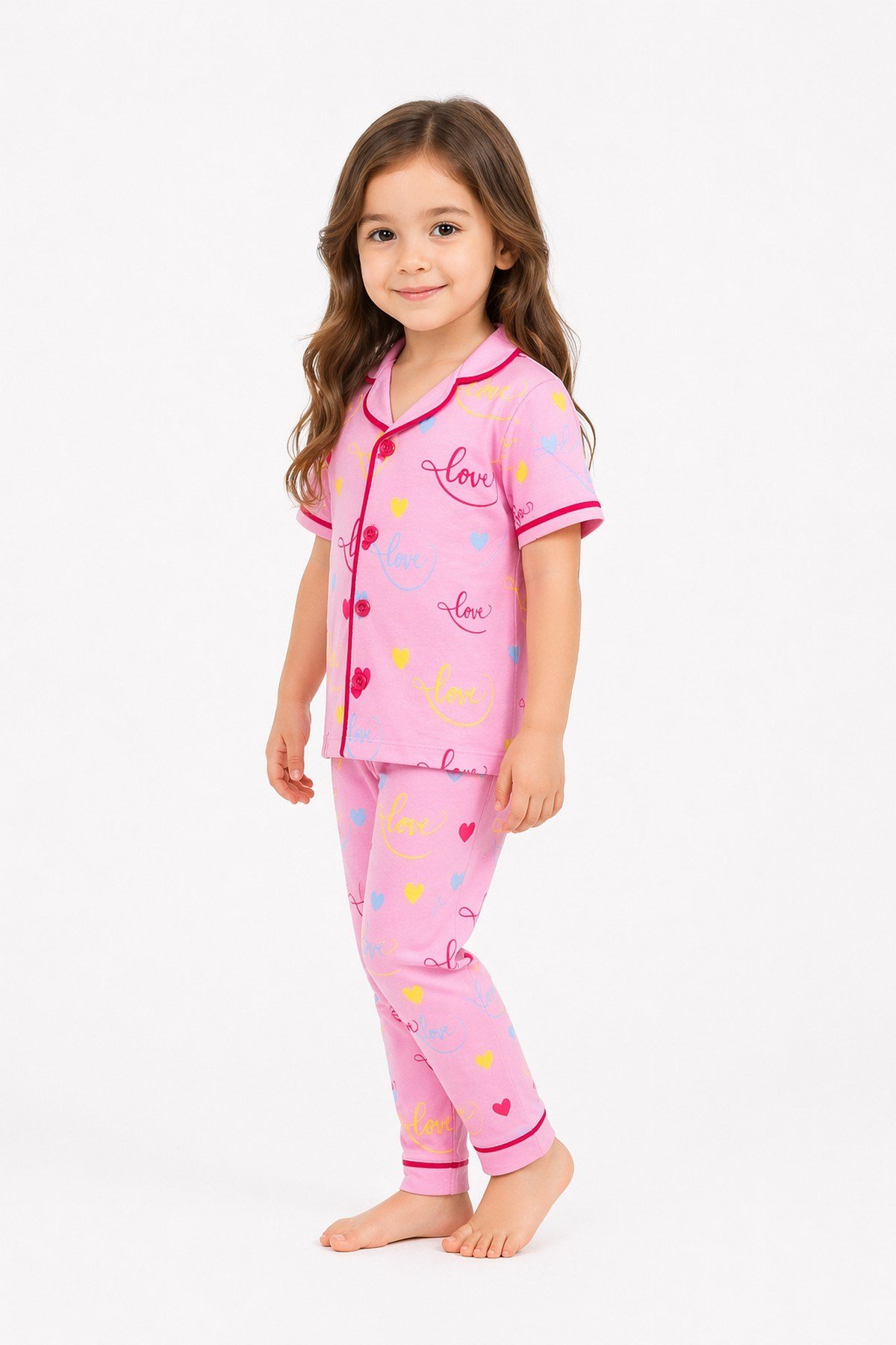 Kız Çocuk/Bebek Love Desenli Kısa Kollu Pijama Takımı Yazlık %100Pamuk 2'li Alt Üst Takım 6-24aylık 3-6yaş