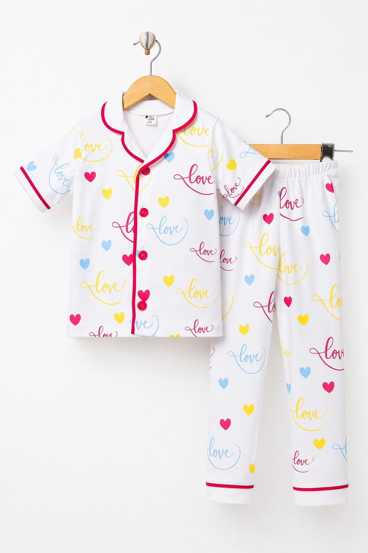 Kız Çocuk/Bebek Love Desenli Kısa Kollu Pijama Takımı Yazlık %100Pamuk 2'li Alt Üst Takım 6-24aylık 3-6yaş
