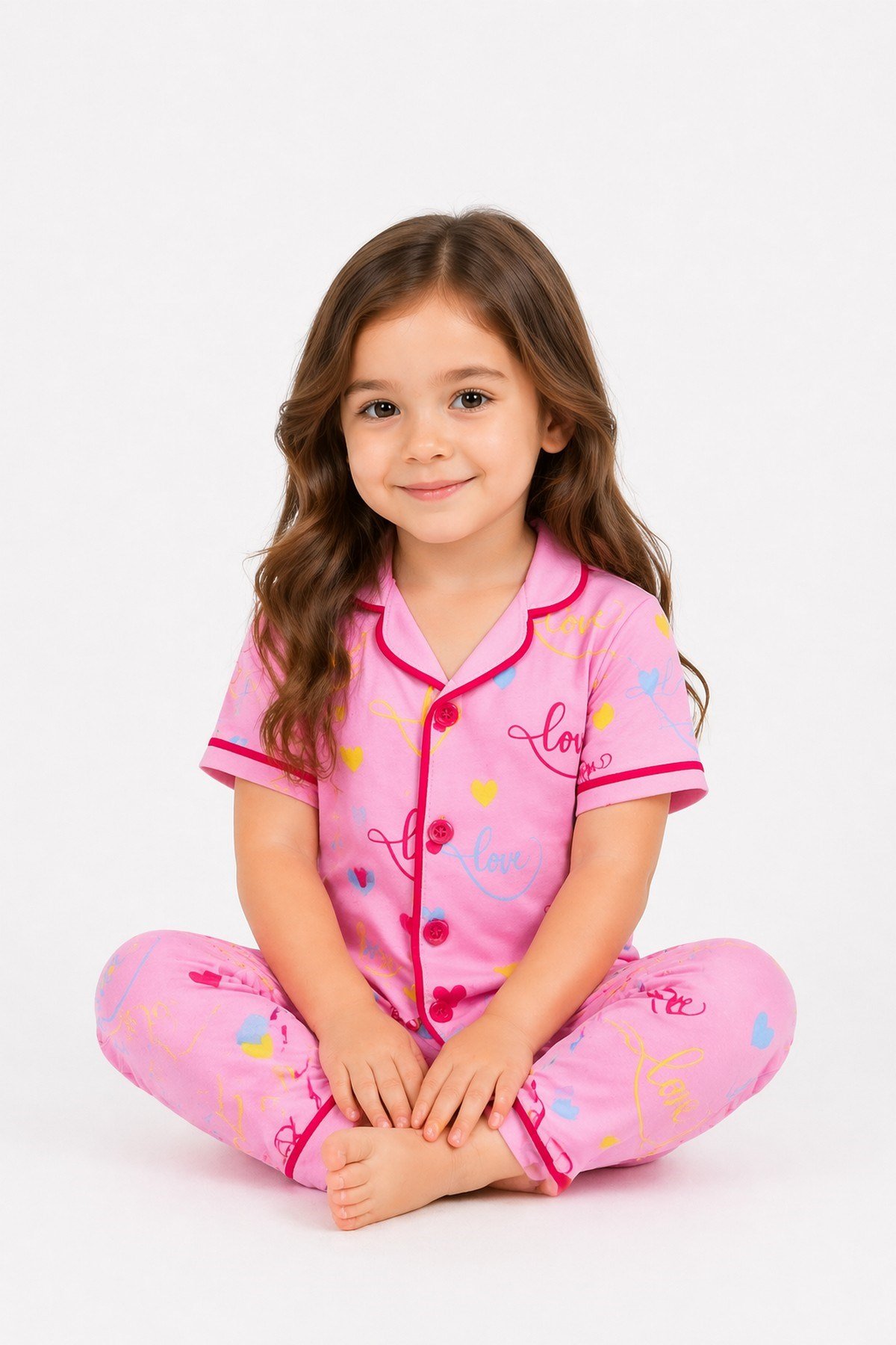 Kız Çocuk/Bebek Love Desenli Kısa Kollu Pijama Takımı Yazlık %100Pamuk 2'li Alt Üst Takım 6-24aylık 3-6yaş